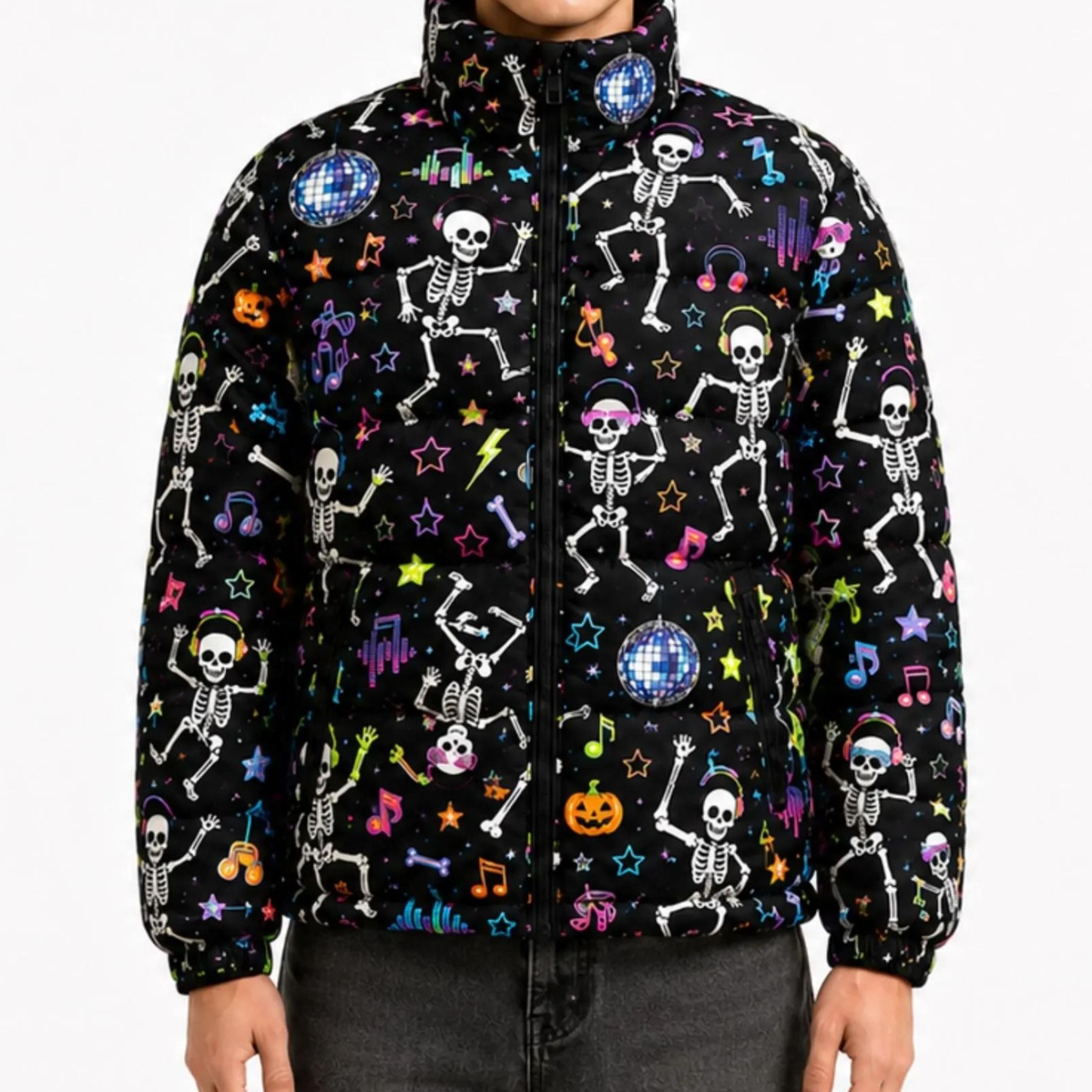 skeleton printed puffer jacket, halloween spooky music party quilted winter coat, full zip outerwear, funny gift