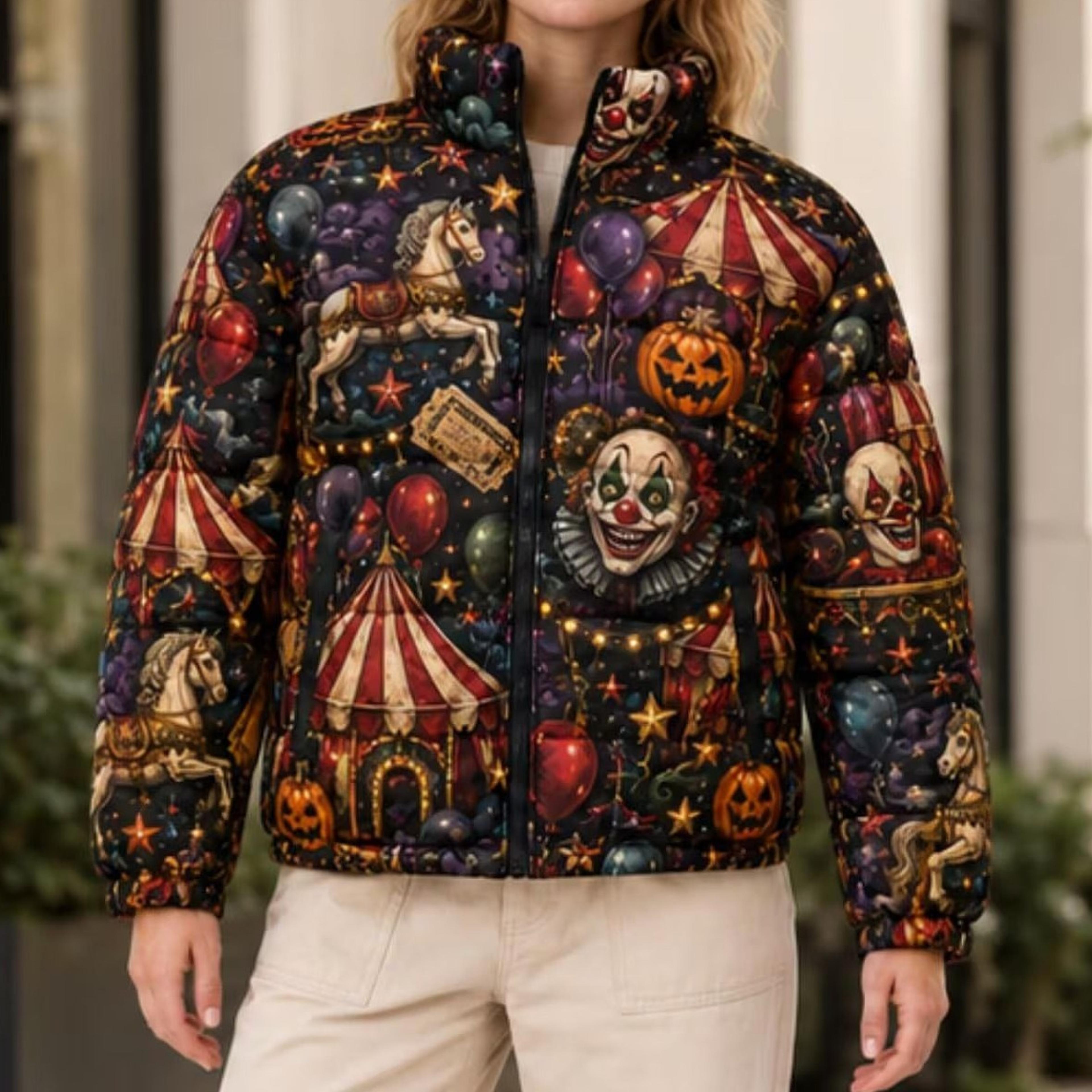 halloween carnival horror printed puffer jacket, dark circus nightmare quilted winter coat, full zip outerwear, thoughtf