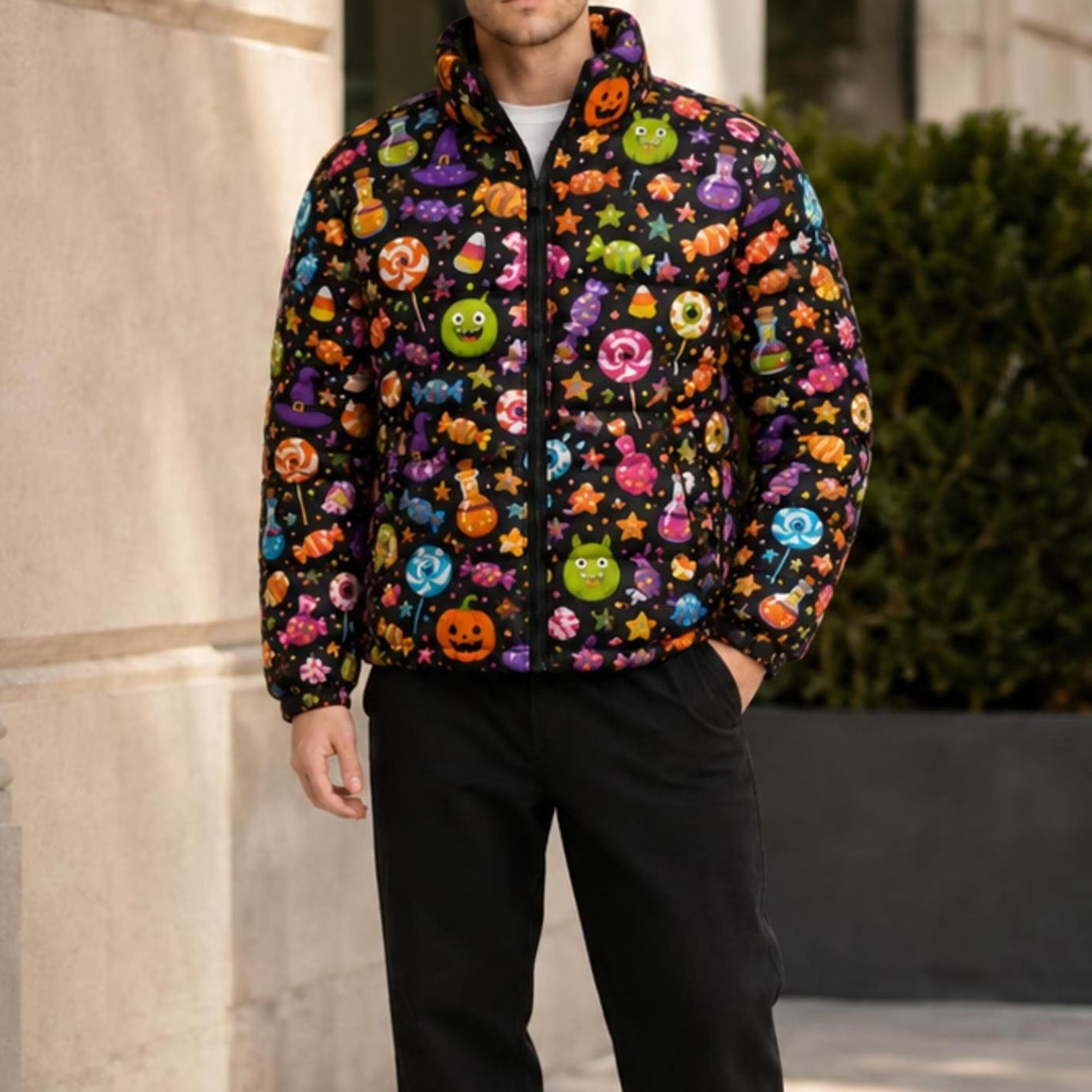 puffer halloween jacket, candy pumpkin ghost print outerwear, quilted winter coat, unisex full zip spooky jacket, gifts