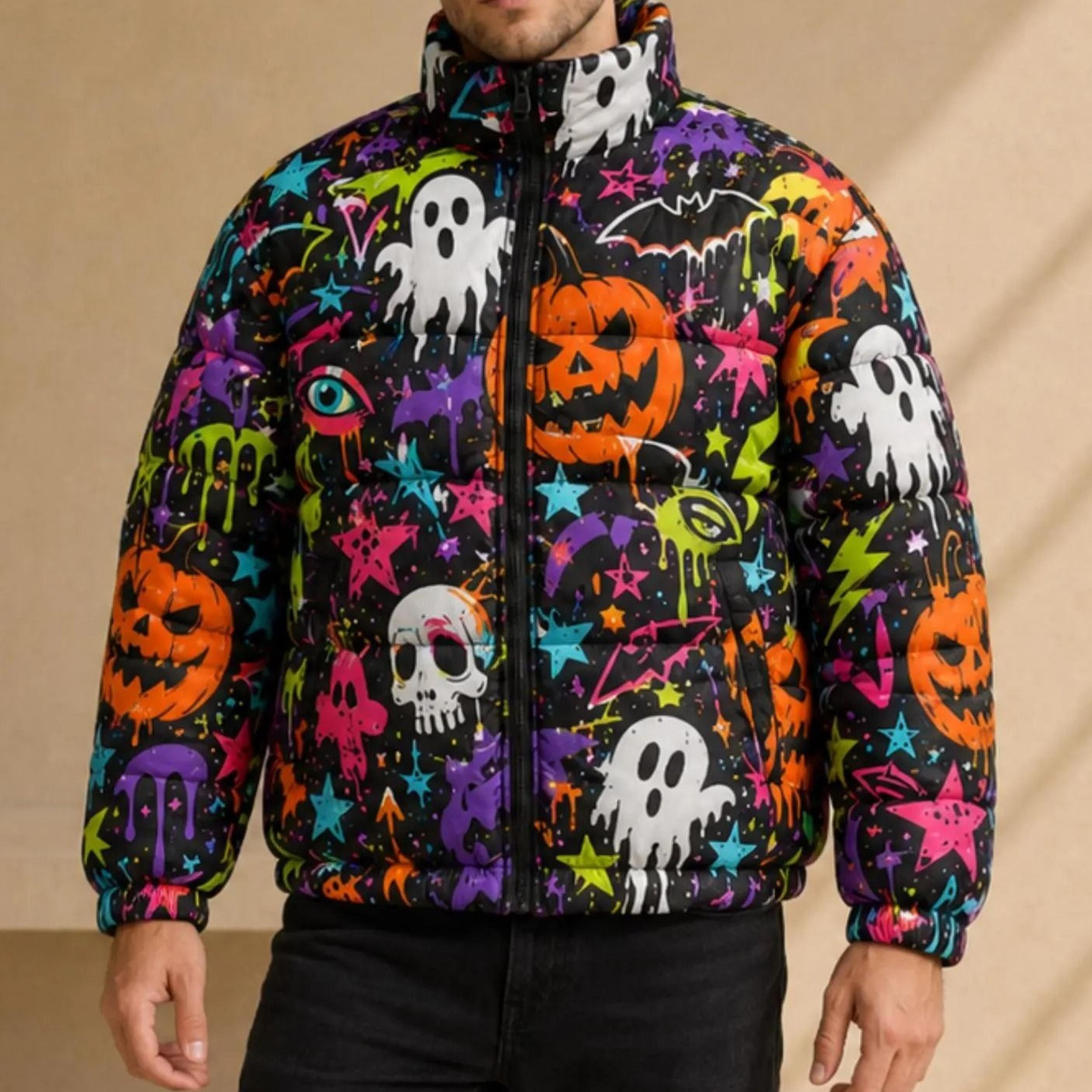 spooky pumpkin halloween jacket for men and women, winter gift for his and hers, skull print puffer coat, padded winter