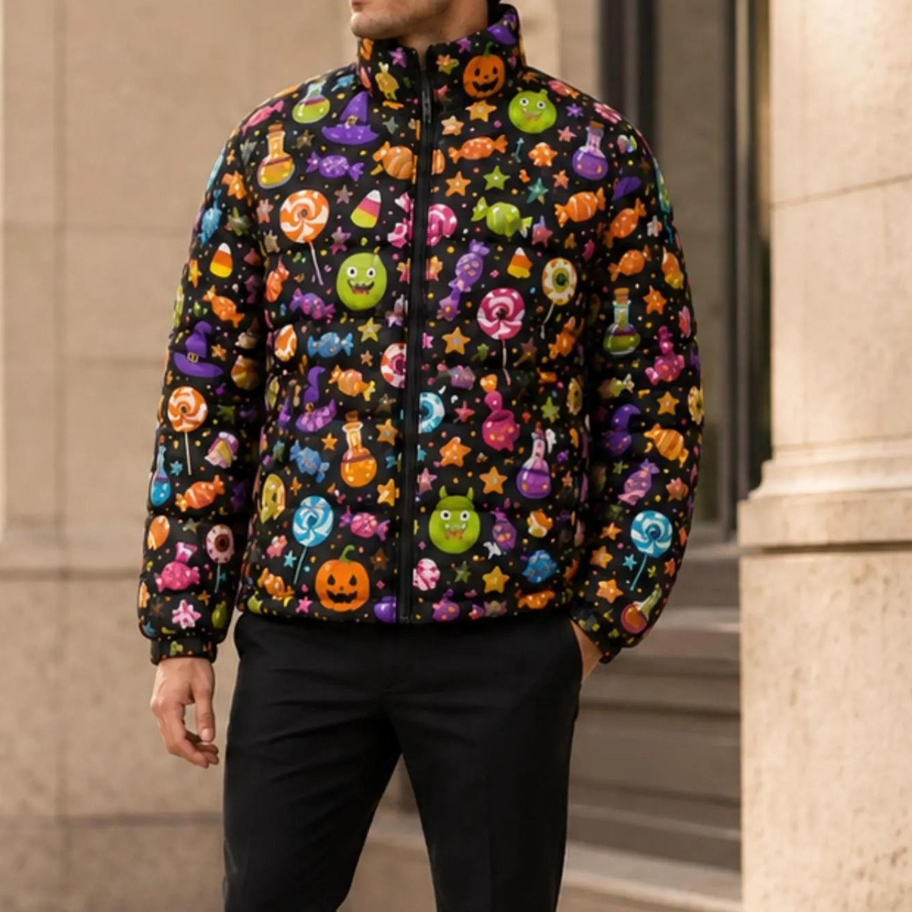 printed puffer jacket for men and women, winter gift for couple, colorful quilted coat, breathable & windbreaker casual