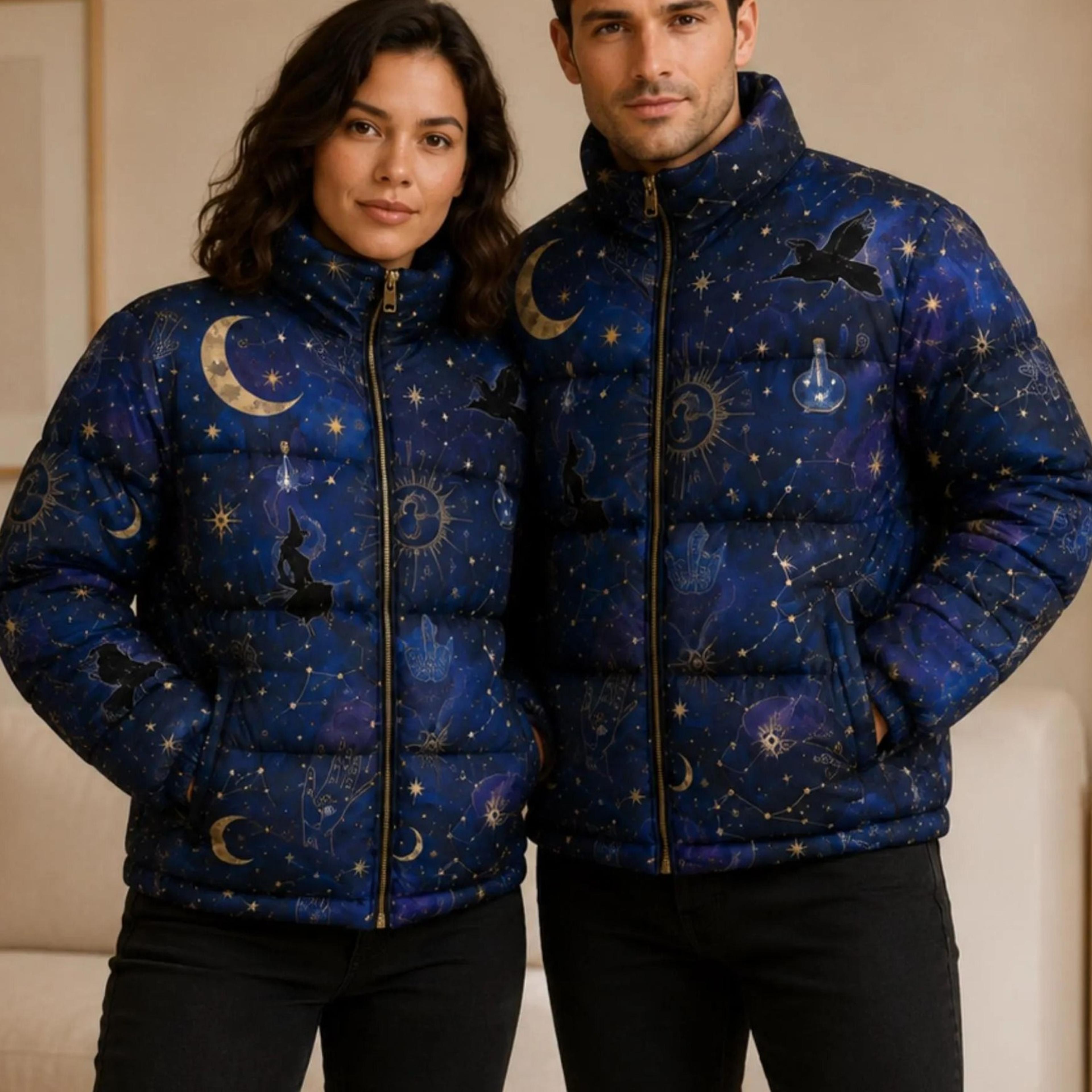 celestial moon star puffer jacket for men and women, halloween gift, printed quilted winter outerwear, unique couple