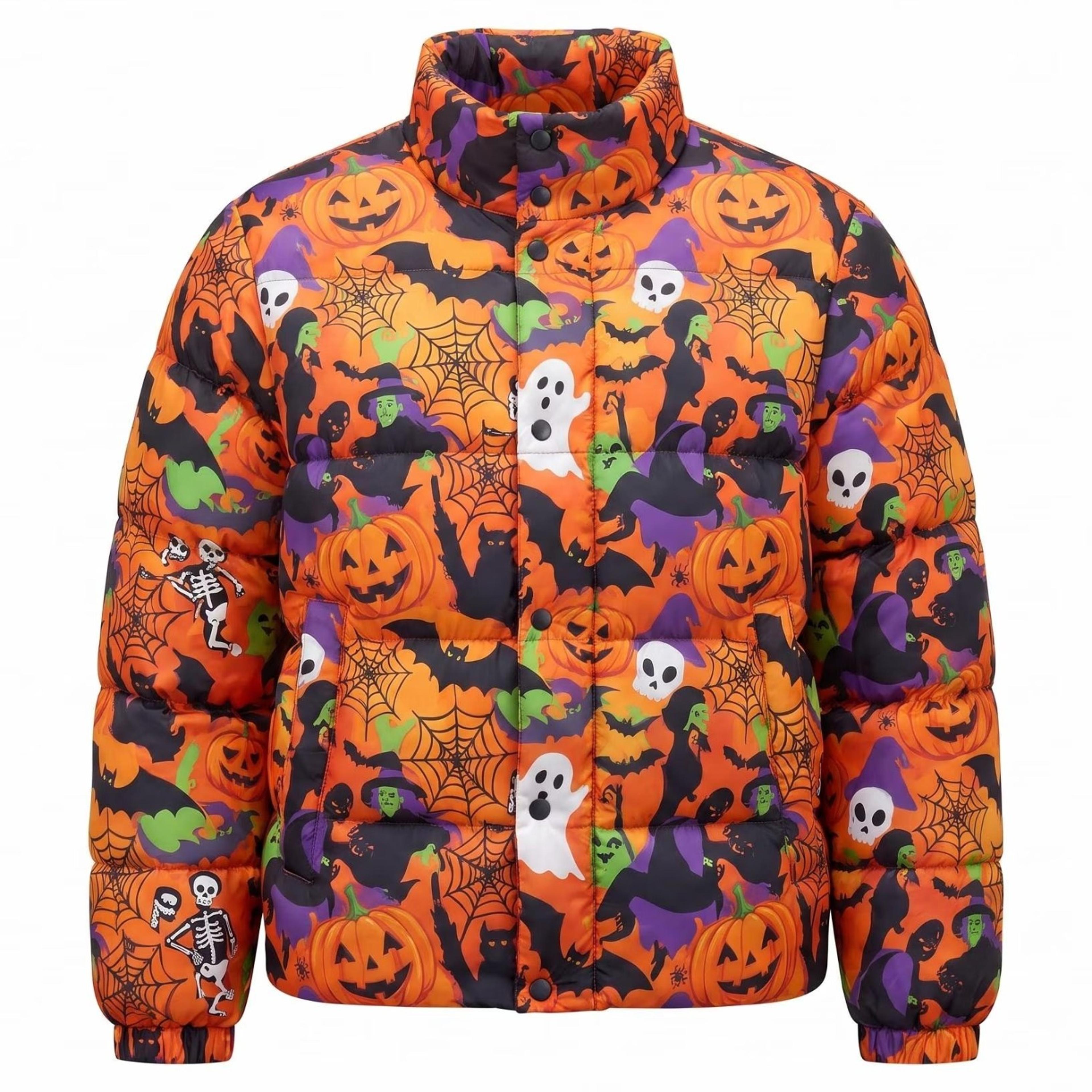 halloween puffer jacket, spooky ghost coat | witch pumpkin bubble jacket, skeleton streetwear, gothic autumn warm
