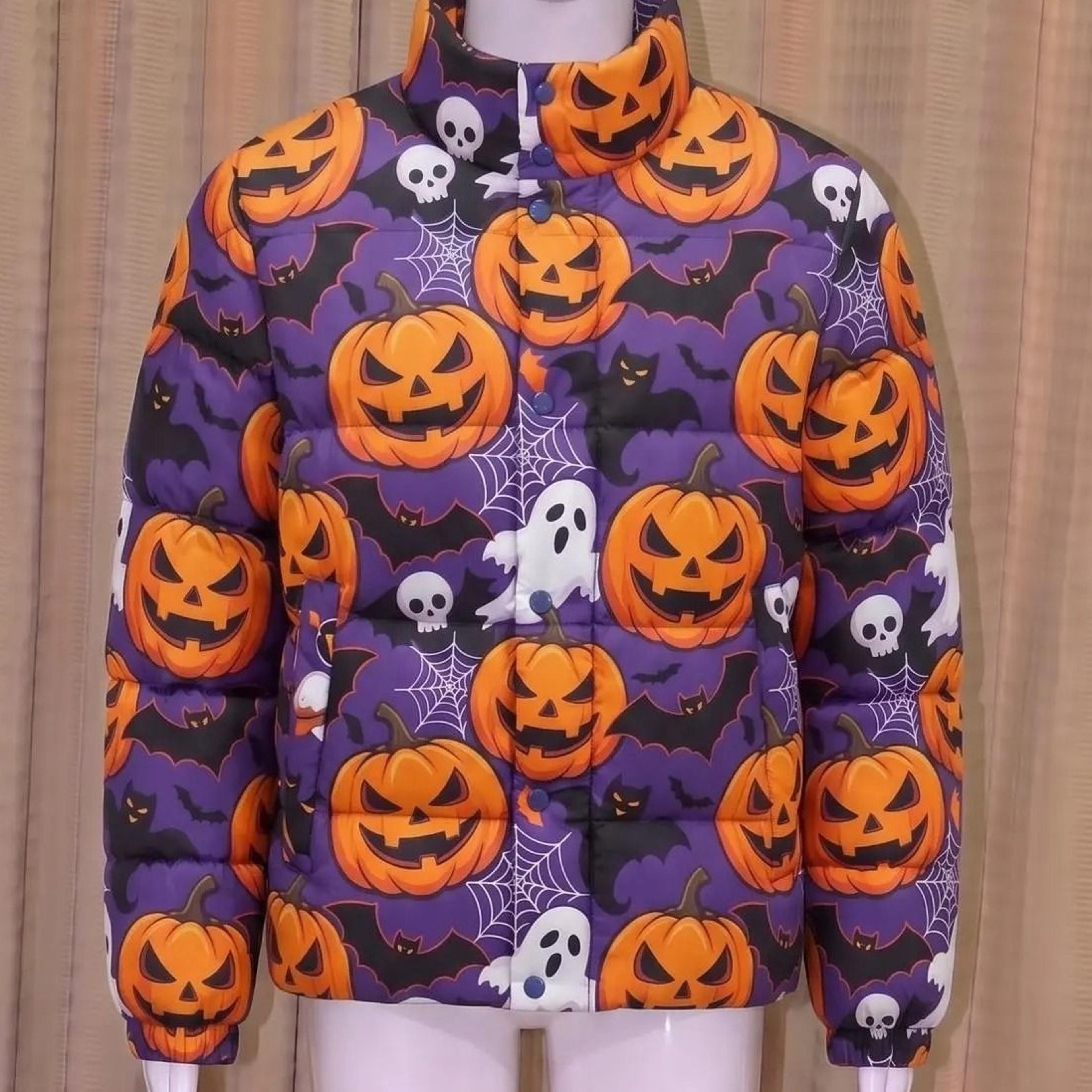 halloween puffer jacket, pumpkin coat spooky purple bubble jacket, gothic streetwear