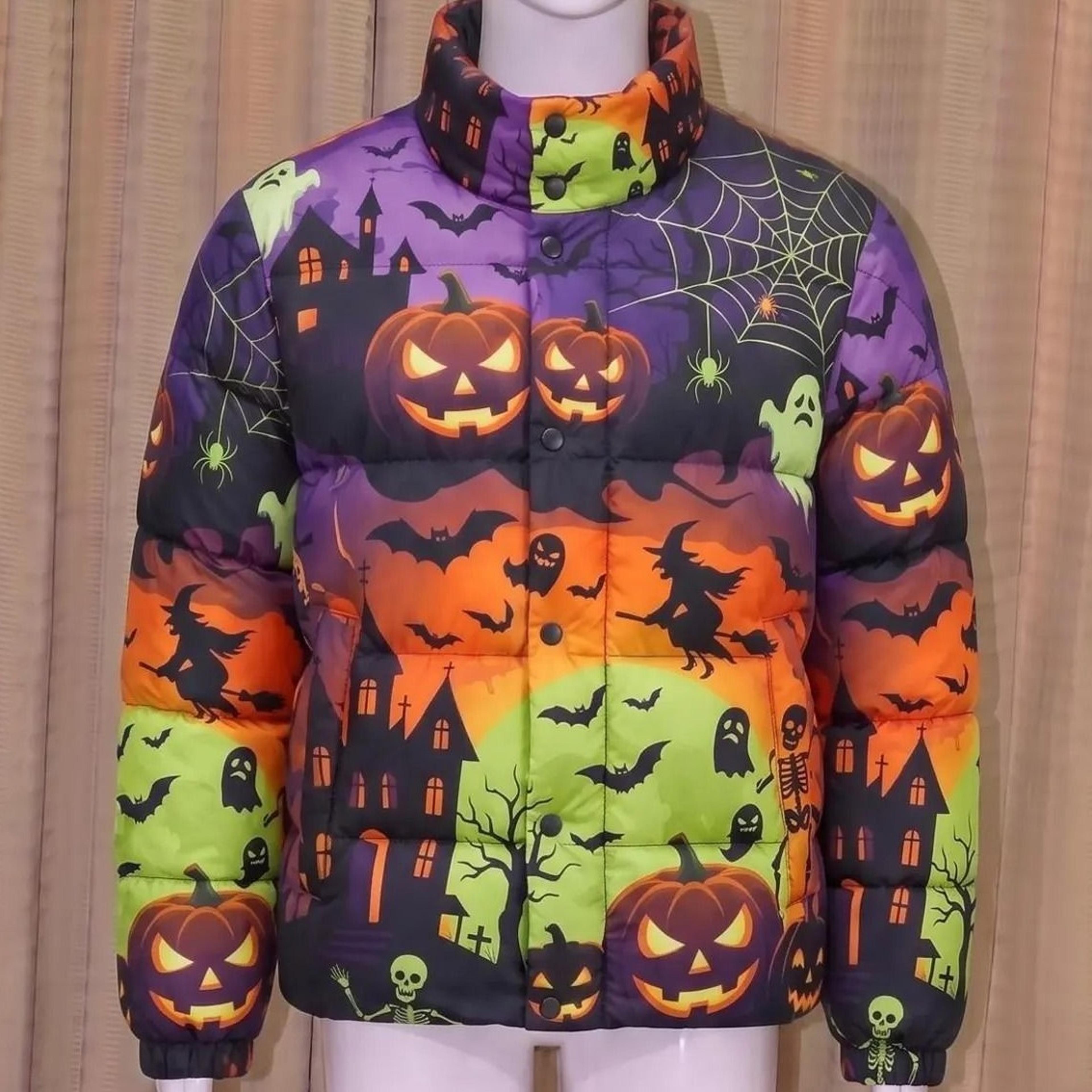 halloween puffer jacket, spooky coat | haunted house bubble jacket, pumpkin skeleton streetwear, witchy fall winter