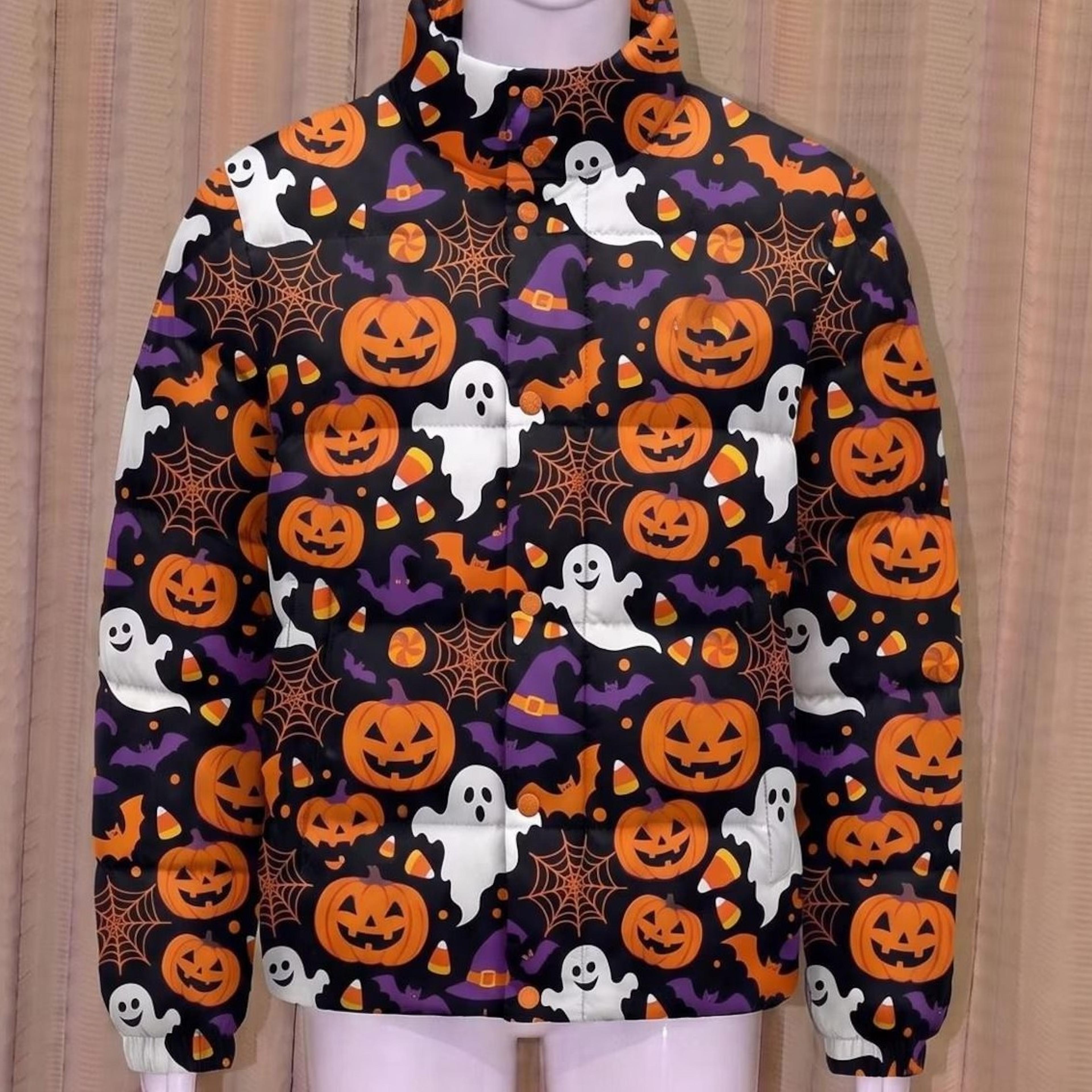 halloween puffer jacket, spooky ghost coat pumpkin bubble jacket, witchy winter streetwear