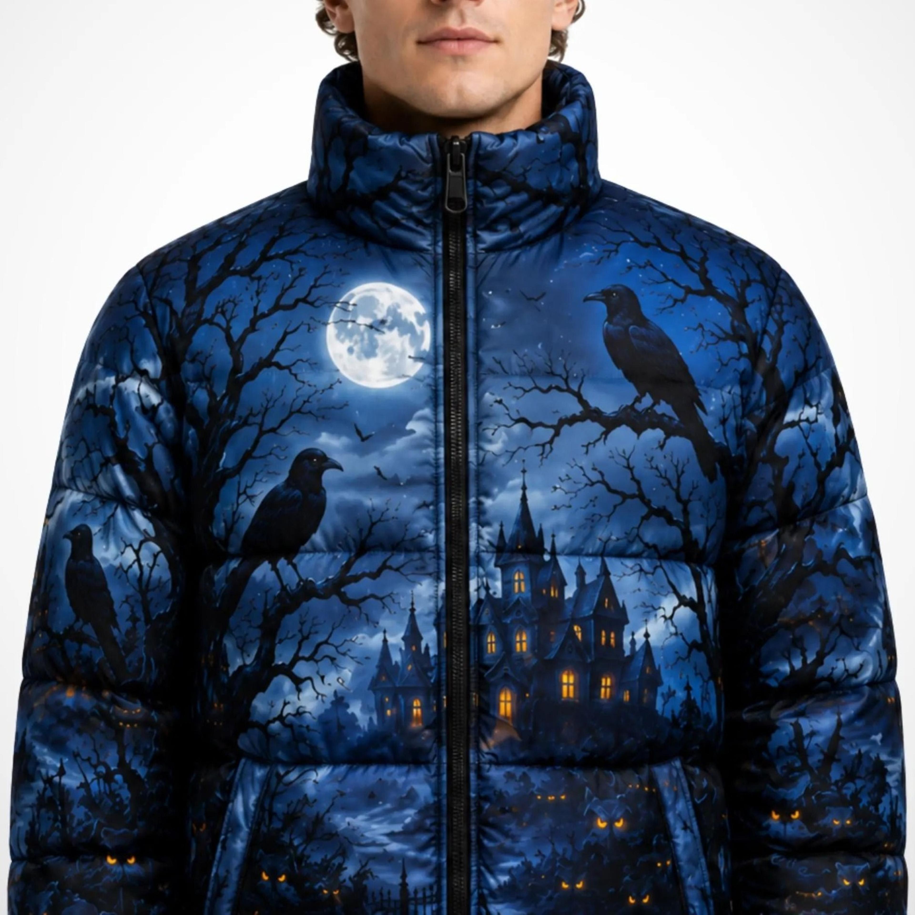 gothic halloween puffer jacket, printed quilted winter coat, unisex zip front outerwear, spooky streetwear gift
