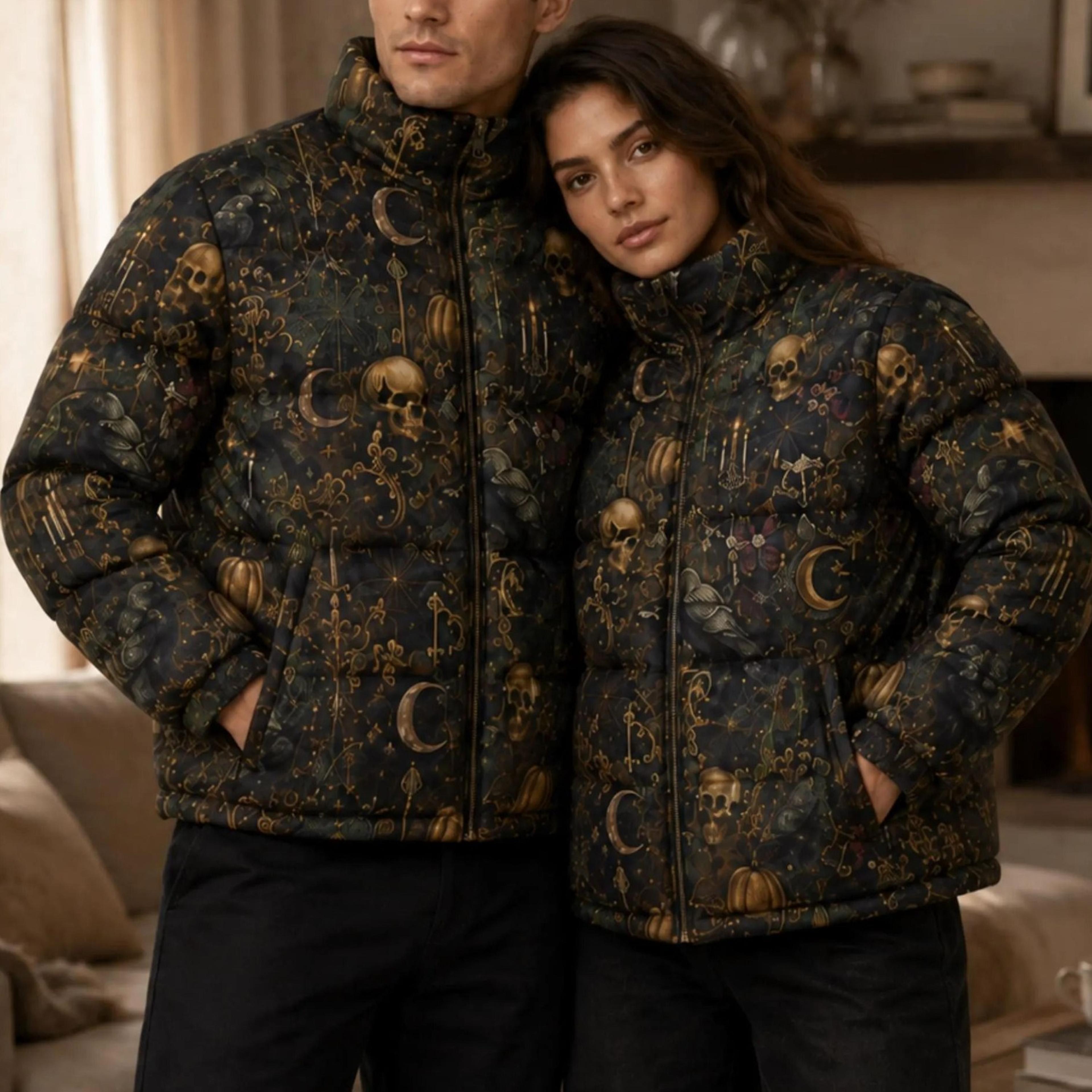 gothic halloween jacket printed puffer coat quilted winter jacket unisex zip spooky gifts