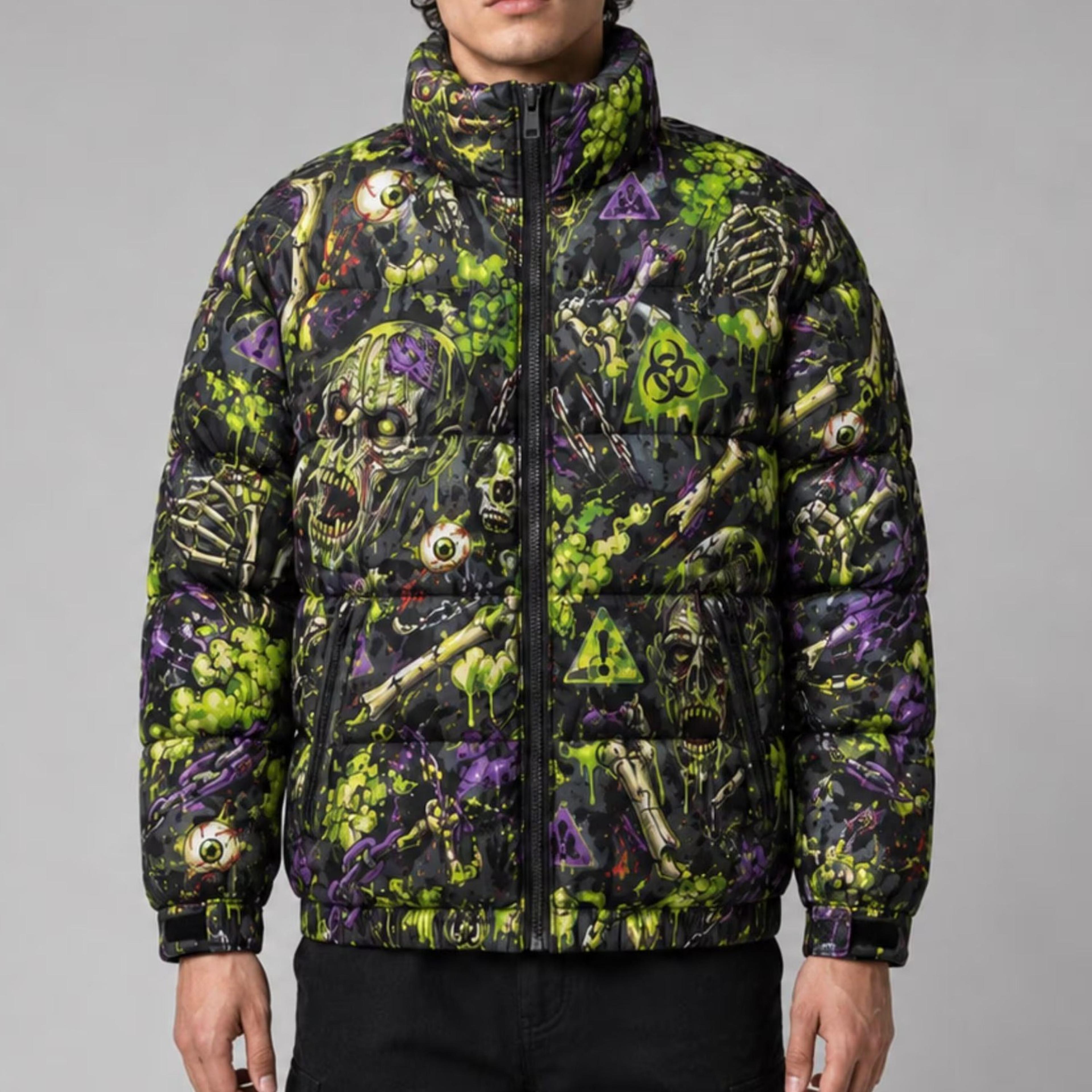 halloween puffer jacket for men & women printed quilted coat spooky zip front winter halloween