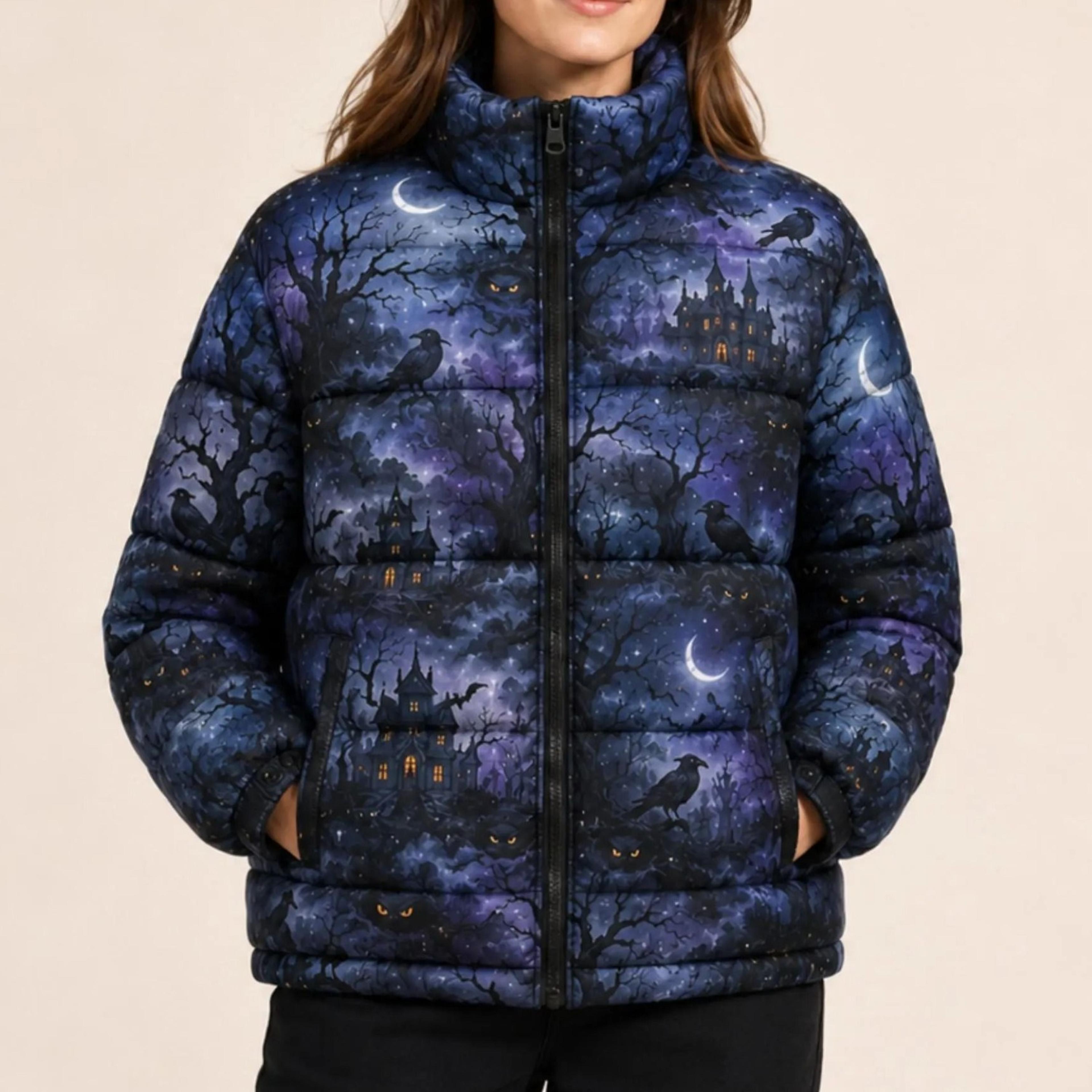 night sky puffer jacket for men and women, halloween gift for couples, breathable quilted winter
