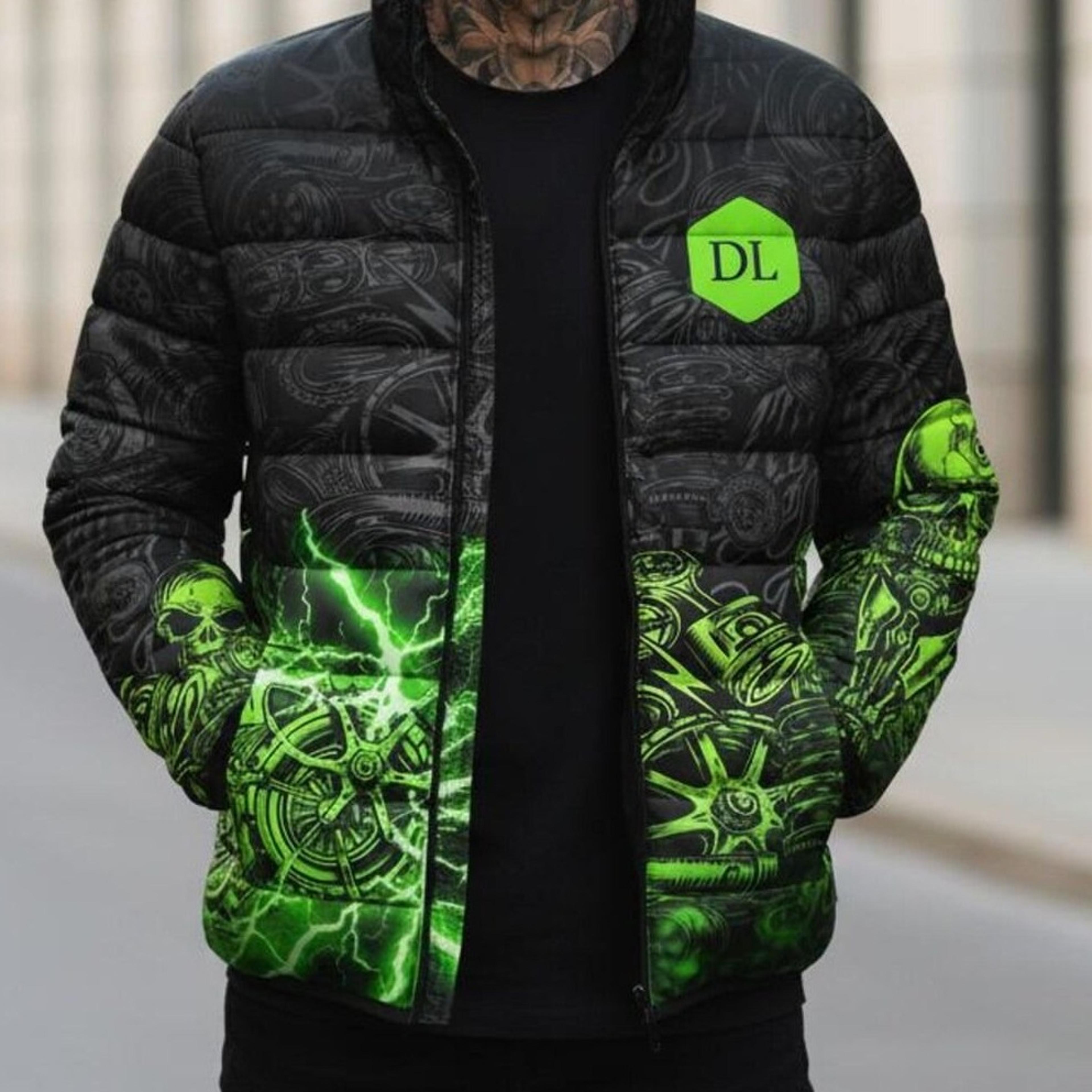 handmade printed puffer jacket – motorcycle biker streetwear | gothic skull halloween bubble jacket
