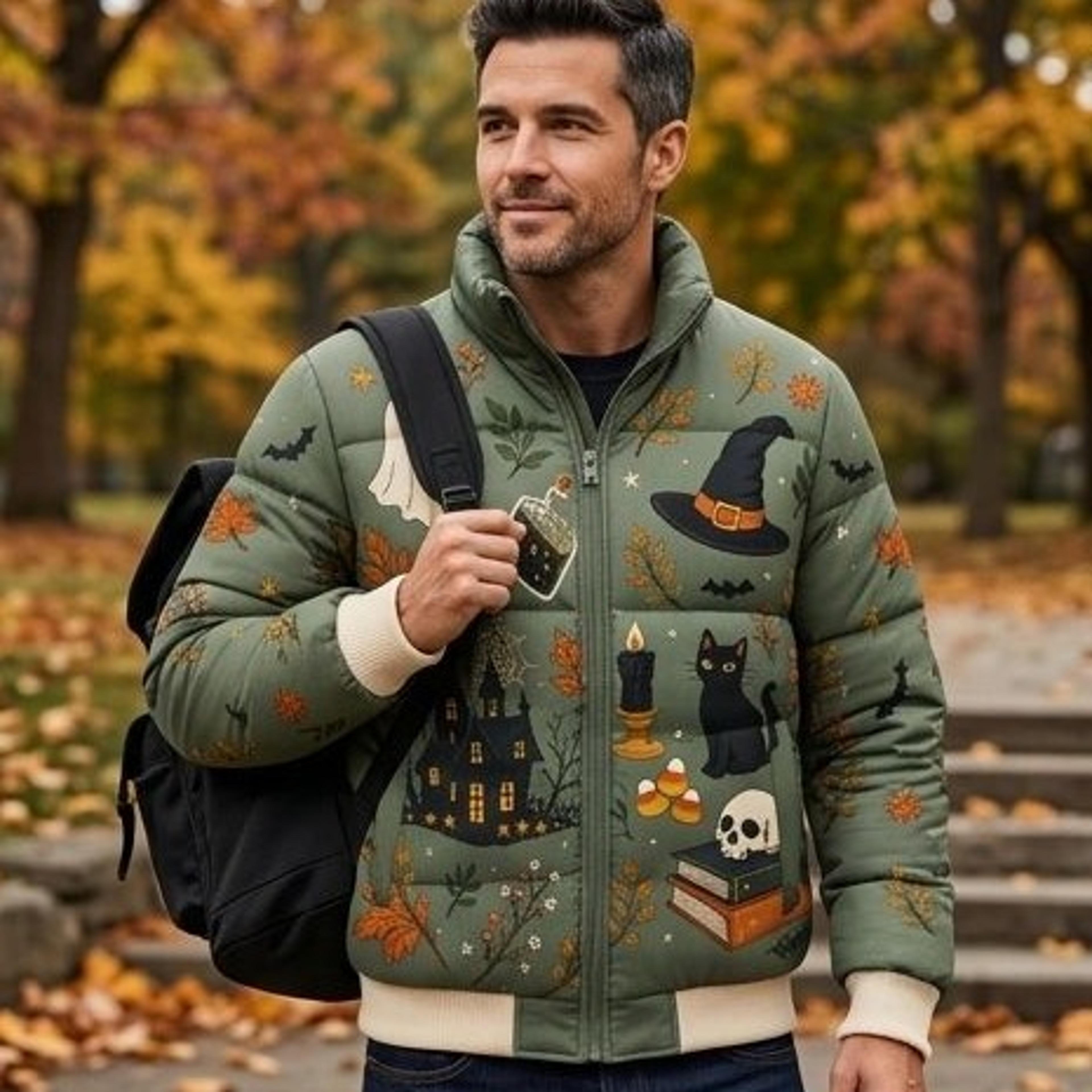 halloween puffer jacket printed puffer coat quilted winter jacket unisex zip spooky gifts
