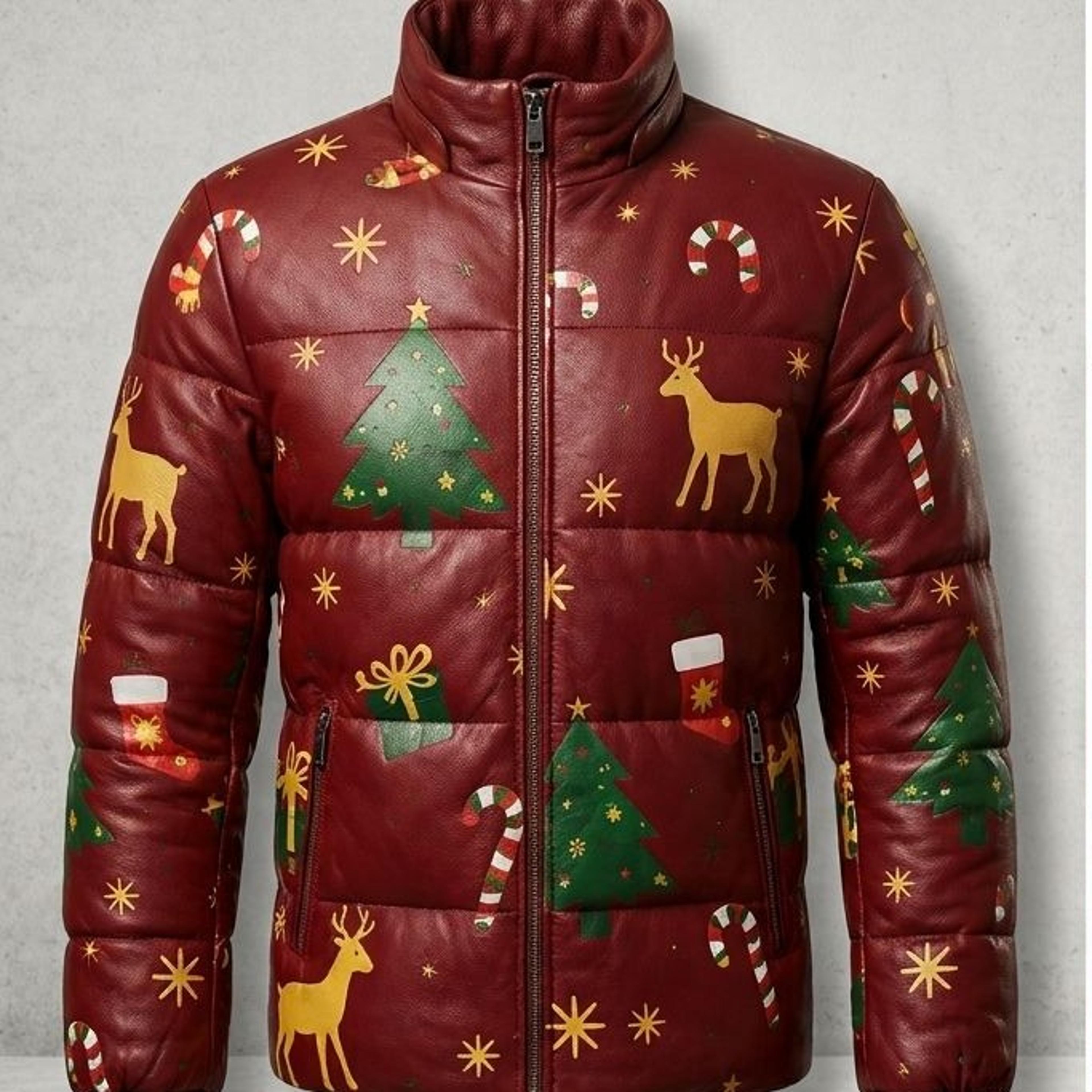 christmas jacket, leather puffer jacket, mens jacket, festive jacket, holiday jacket,