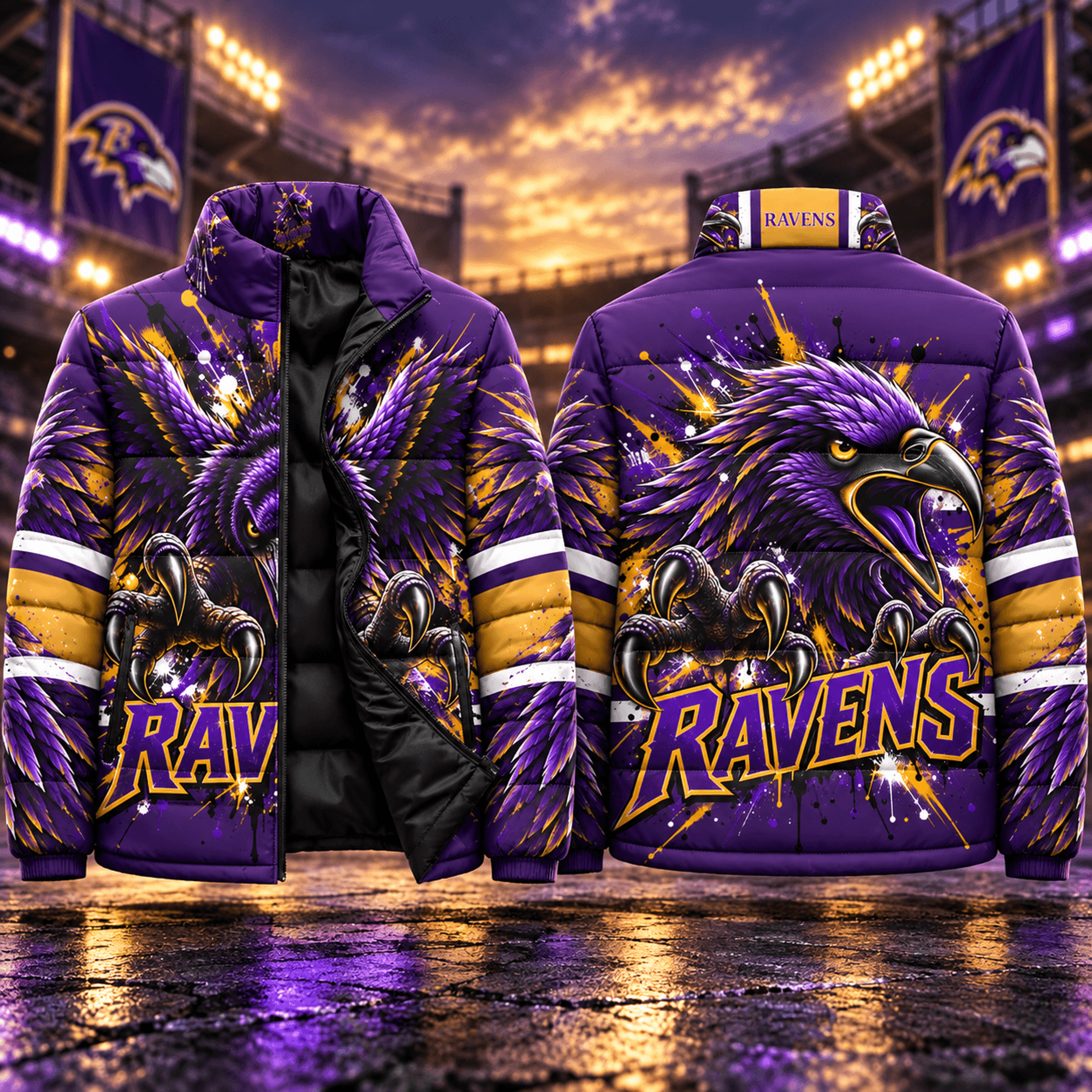 baltimore ravens inspired puffer jacket, purple gold football fan winter coat, unisex adult printed sports outerwear