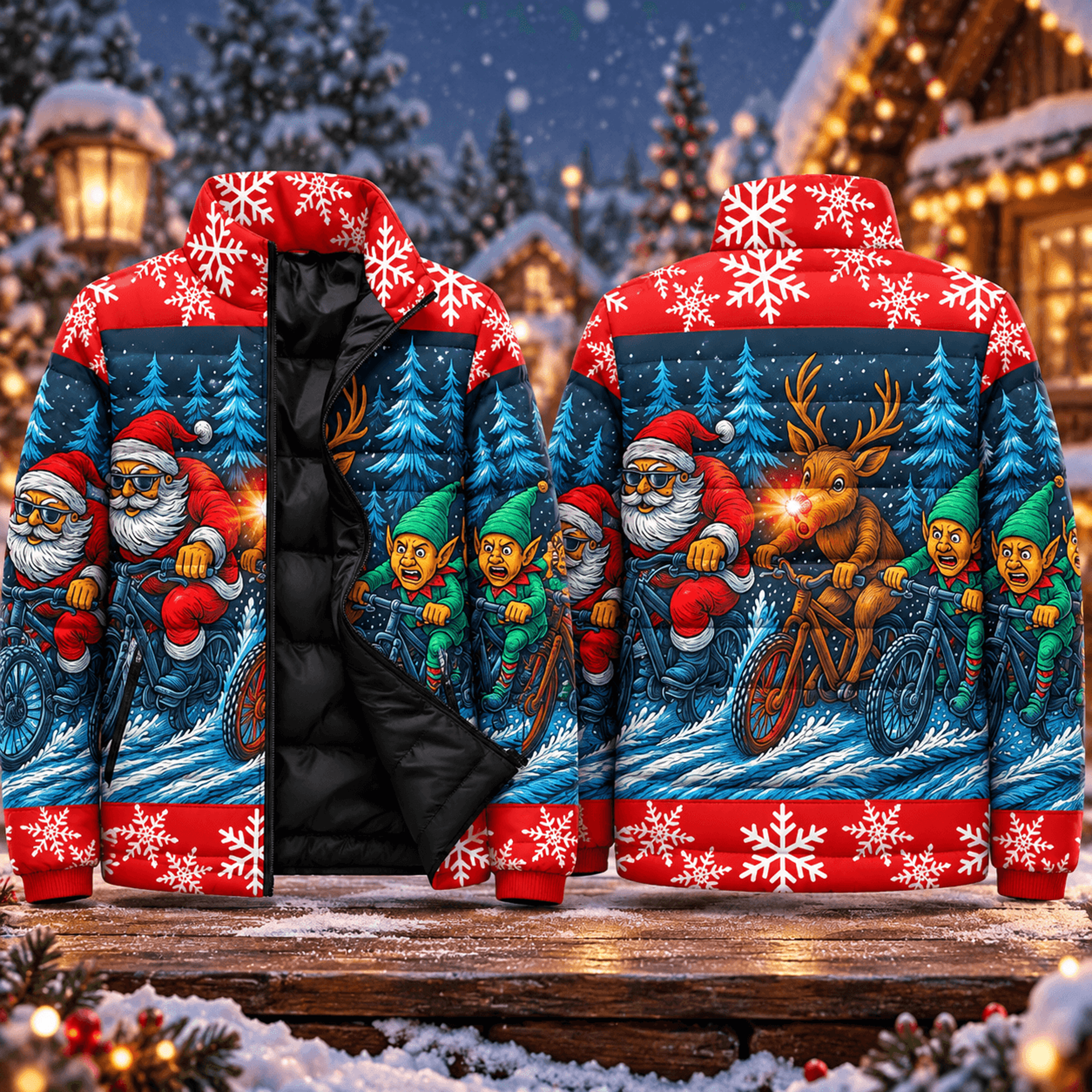 funny christmas puffer jacket, santa riding bicycle with reindeer and elves, unisex adult printed holiday winter coat