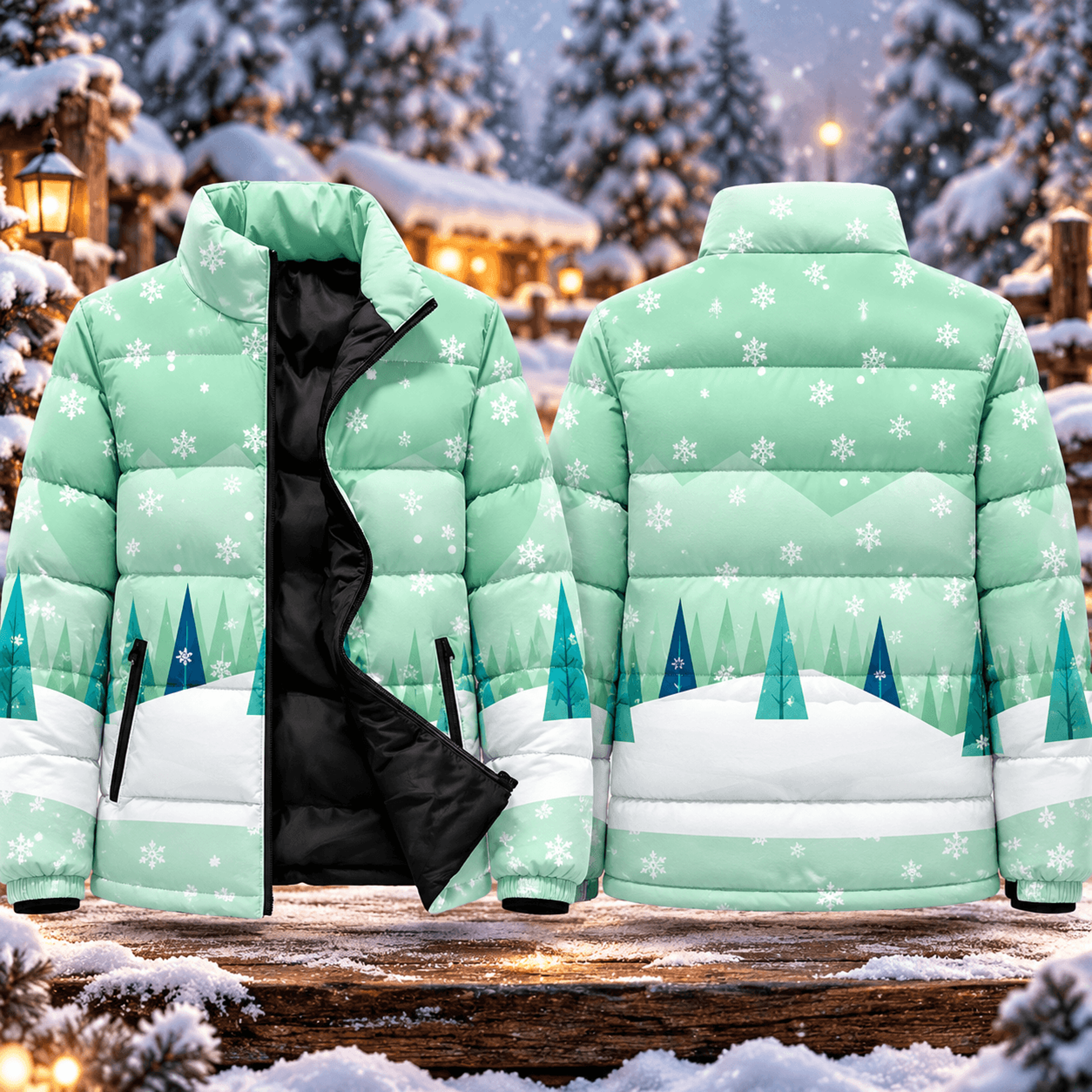 mint green snowflake puffer jacket, winter wonderland pine tree print coat, unisex adult christmas winter outerwear
