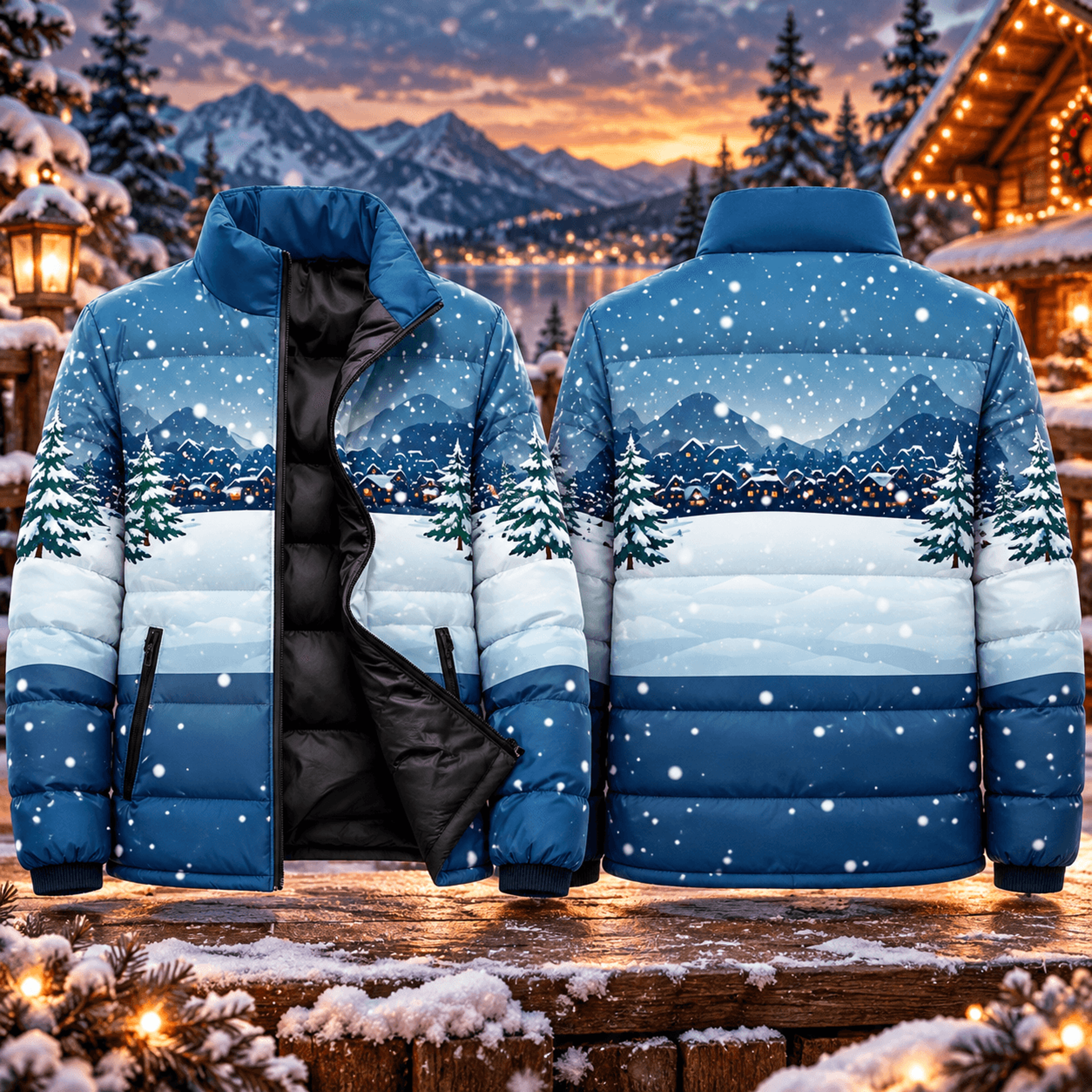 snowy mountain village puffer jacket, blue winter landscape printed coat, unisex adult snowy pine tree winter outerwear