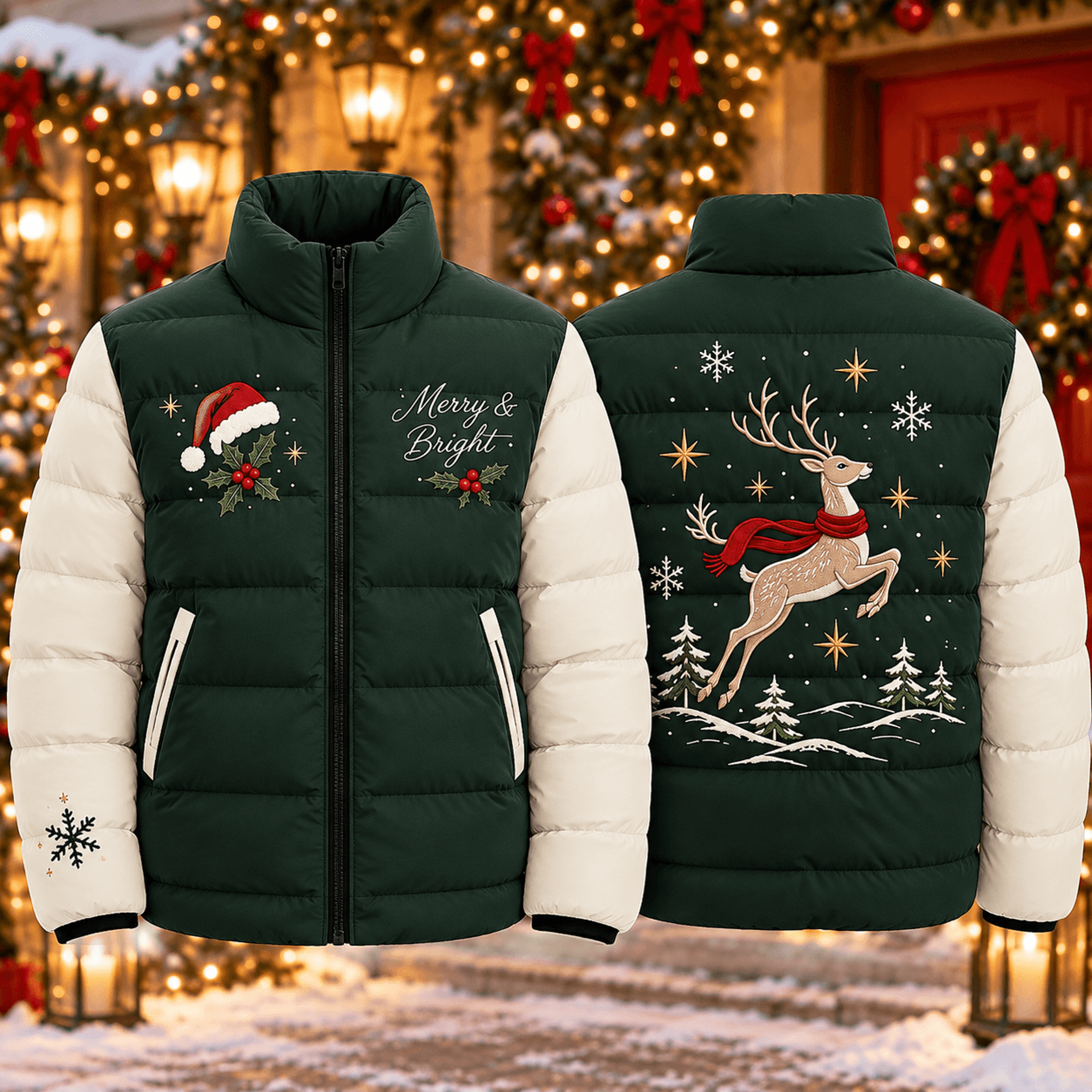 merry and bright christmas puffer jacket, reindeer holiday winter coat, festive santa hat print, unisex adult xmas