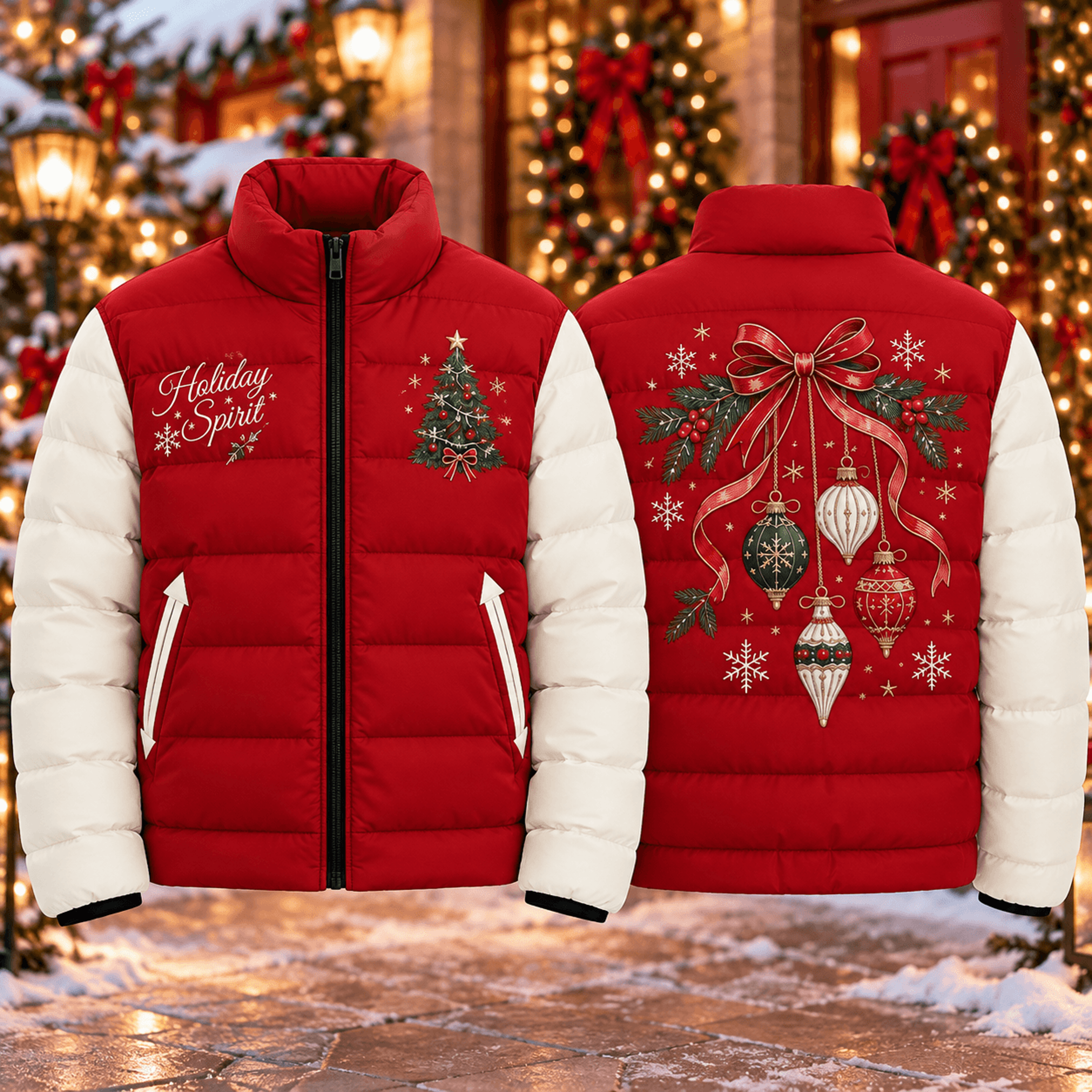 holiday spirit christmas puffer jacket, festive ornament winter coat, christmas tree printed jacket, unisex adult xmas