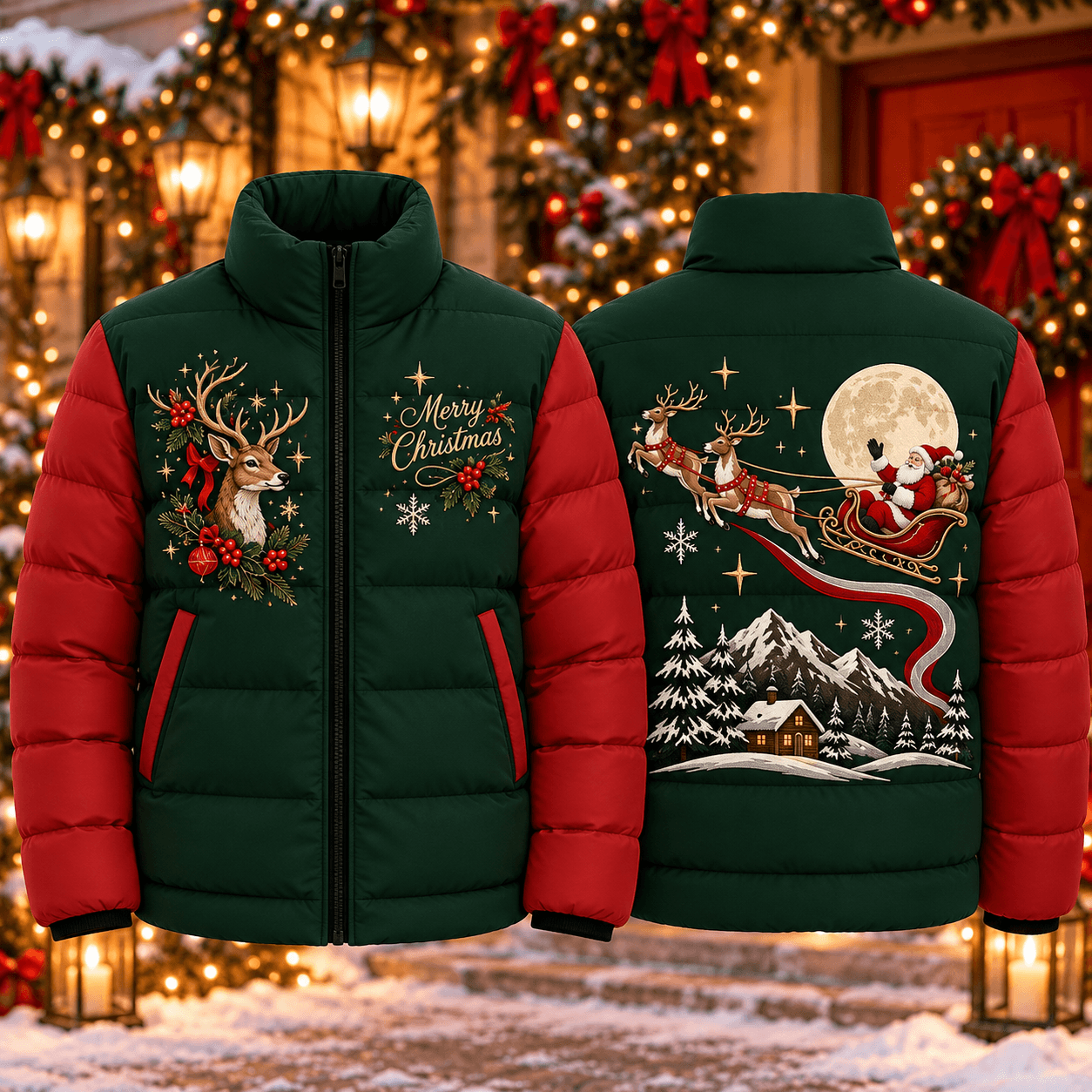 merry christmas reindeer puffer jacket, santa sleigh holiday winter coat, festive printed xmas jacket, unisex adult