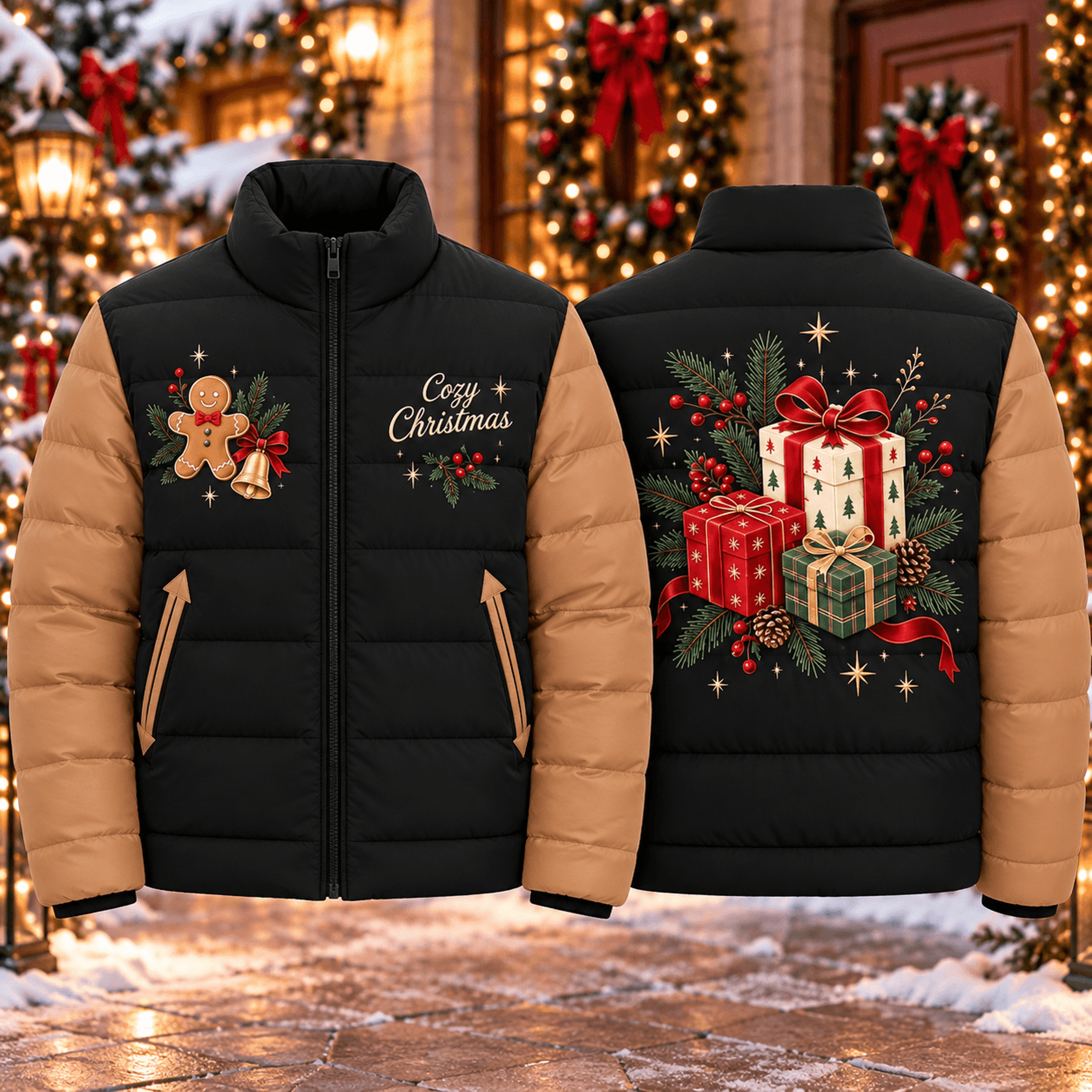 cozy christmas puffer jacket, gingerbread man holiday coat, christmas gift box printed winter jacket, unisex adult xmas