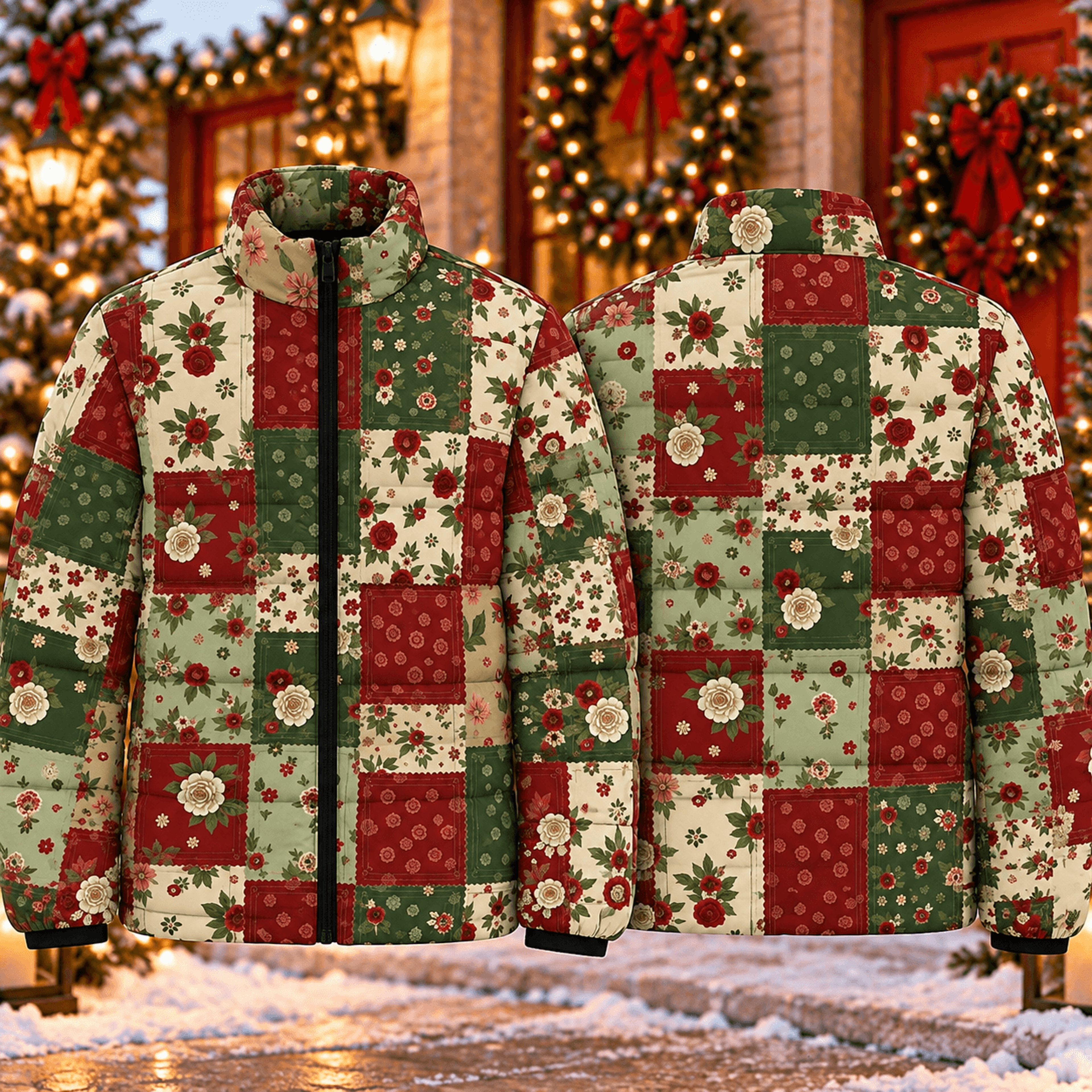 vintage christmas floral patchwork puffer jacket, festive rose quilt print winter coat, unisex adult holiday jacket gift