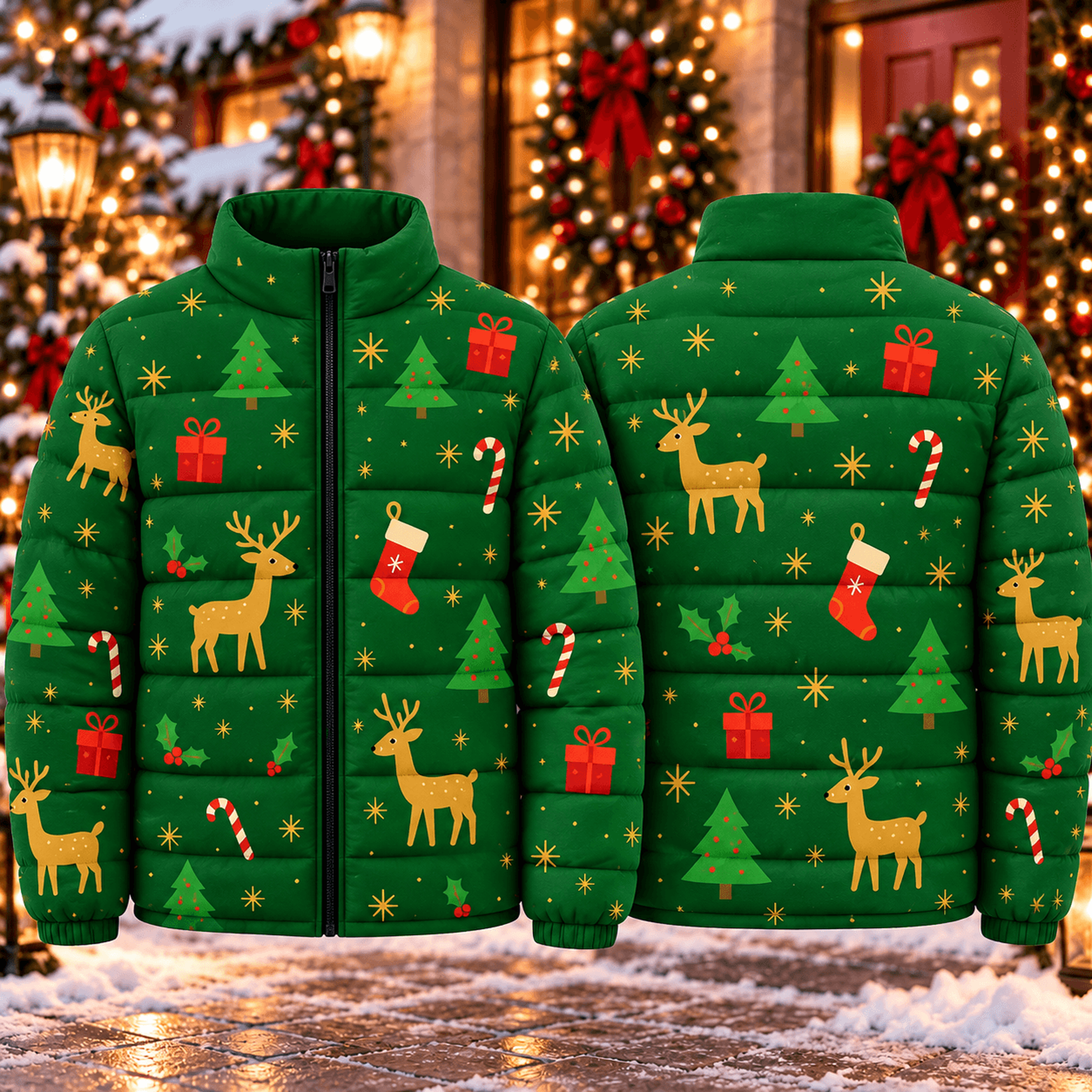 christmas reindeer puffer jacket unisex adult, festive holiday printed winter coat, christmas tree gift pattern quilted