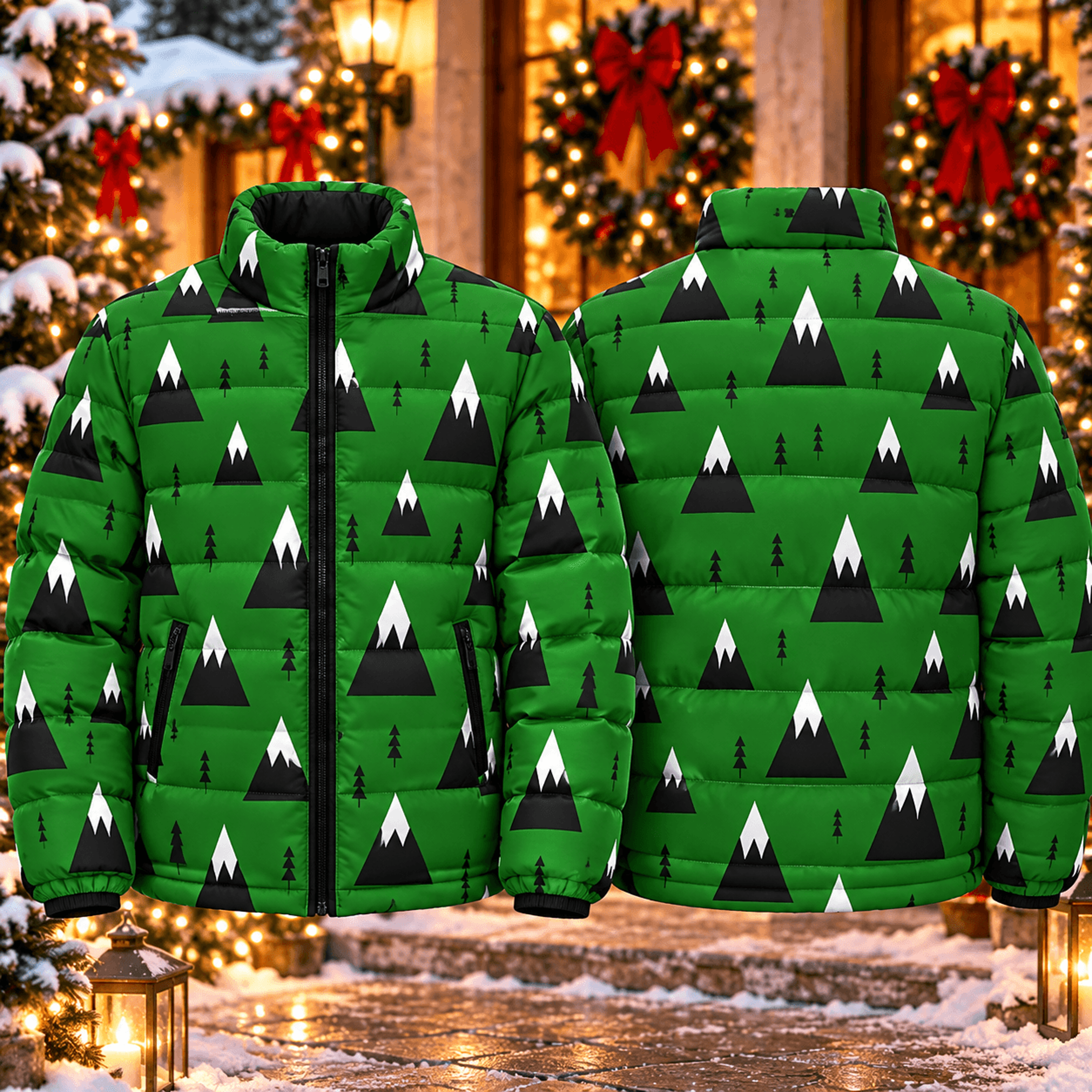 green mountain print puffer jacket unisex adult, snow capped peak quilted winter coat, nature inspired printed outerwear