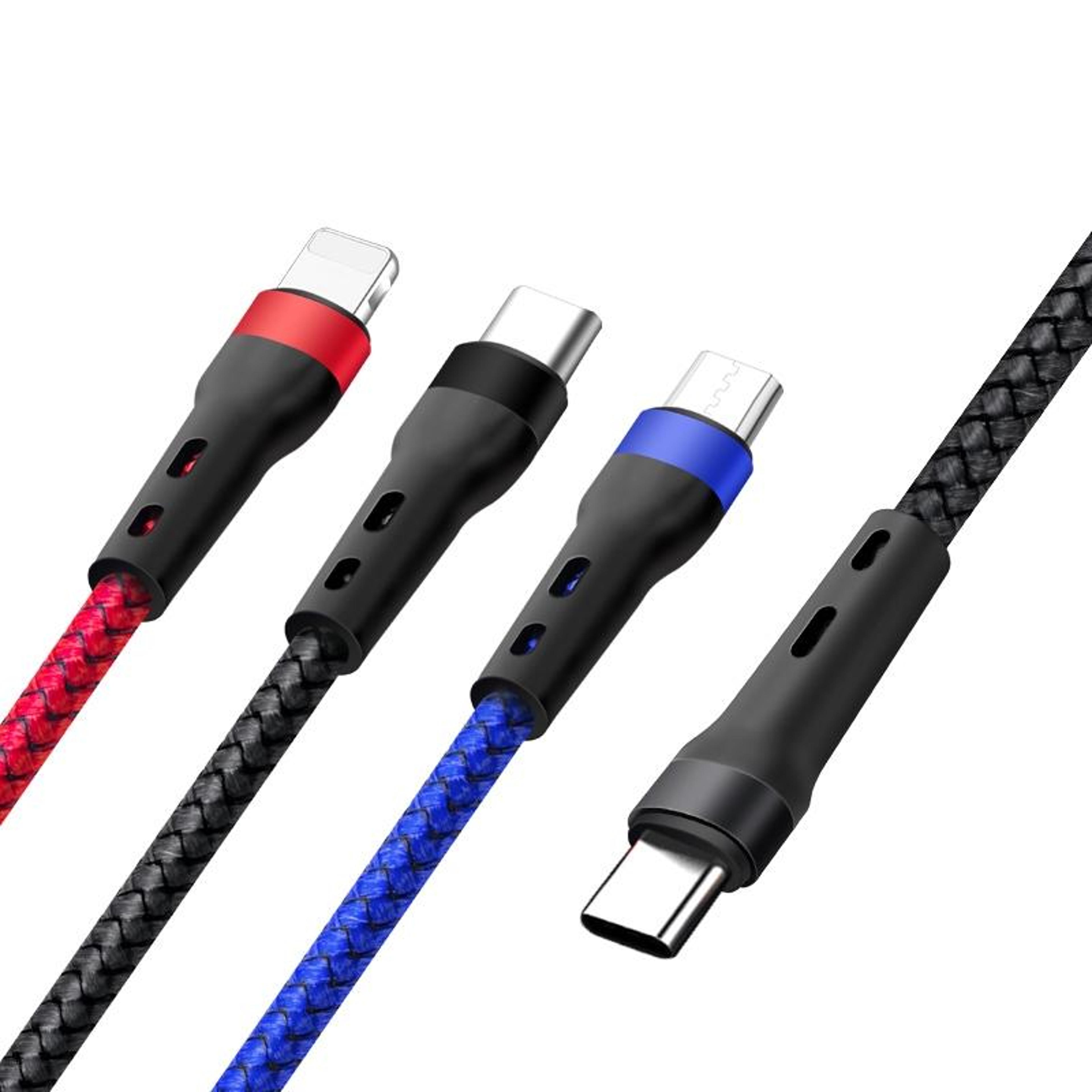 100w 3-in-1 fast charging cable type c to lightning micro usb 1.3m nylon braided multi device charger