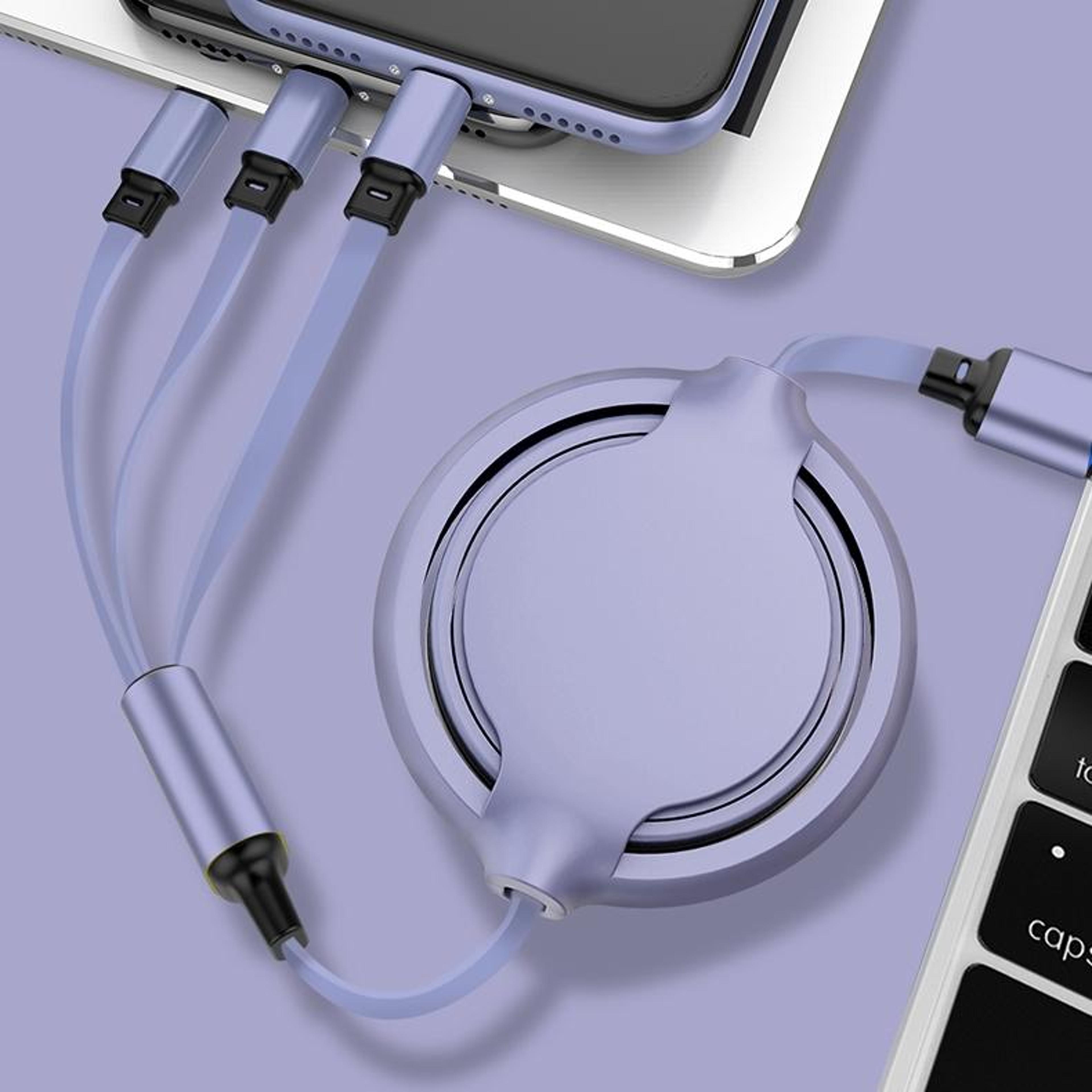 3 in 1 retractable usb-c lightning micro 3.5a fast charging silicone cable