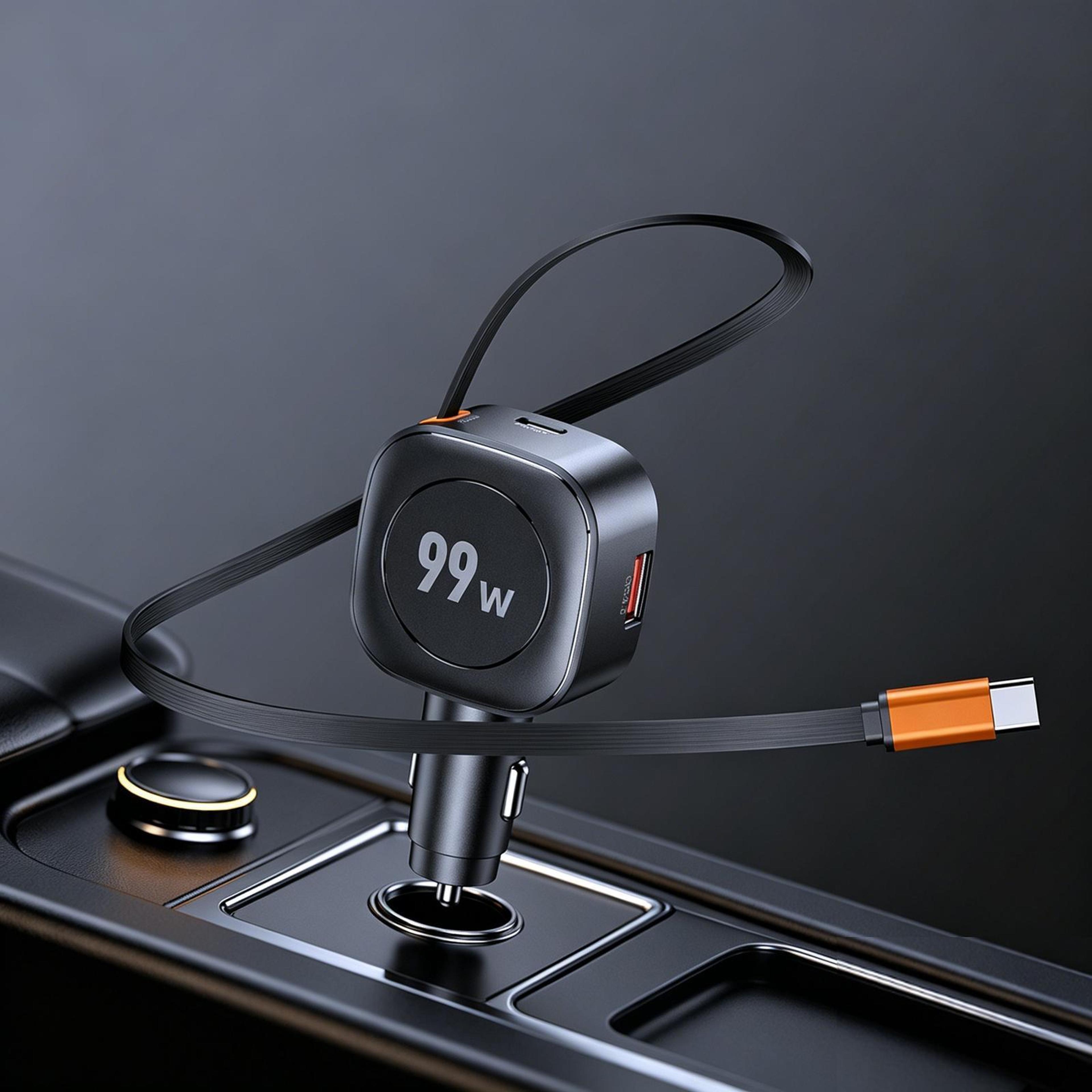 99w pd fast car phone charger with retractable cable usb-c usb-a multi port