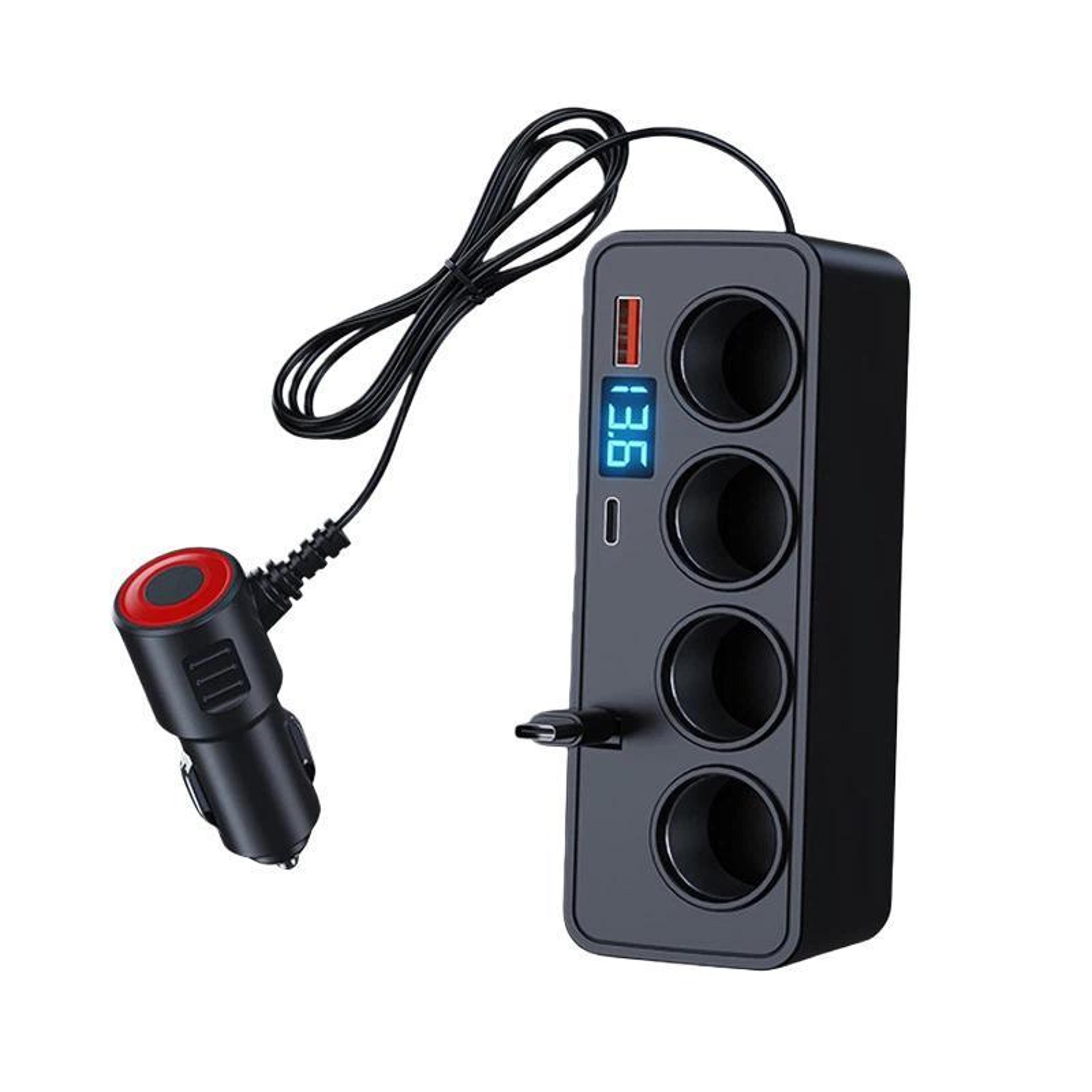 120w retractable 1-to-4 multi port car charger with digital voltage display pd qc3.0 cigarette lighter adapter