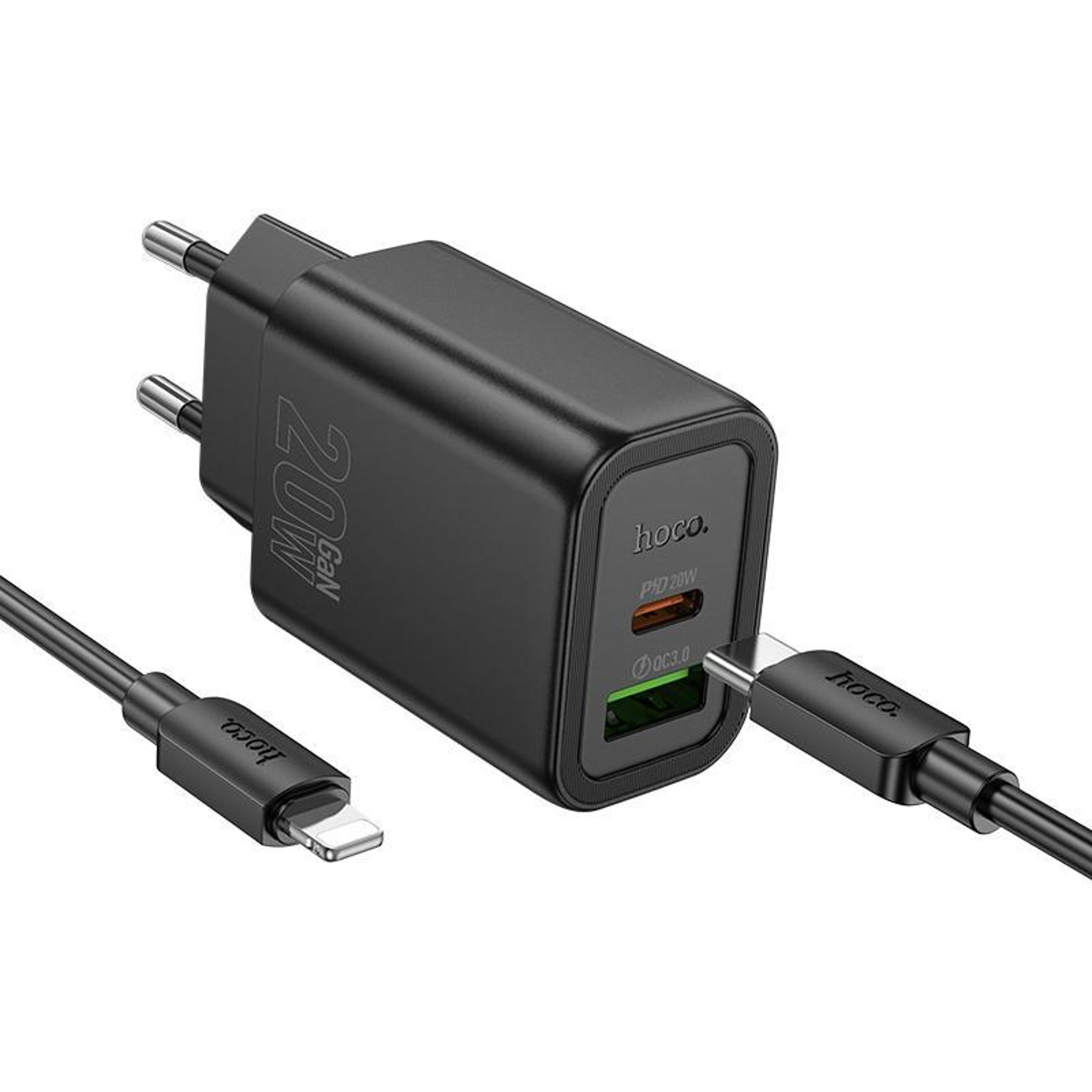 n61 pd20w qc3.0 dual port wall charger set with usb-c to lightning cable