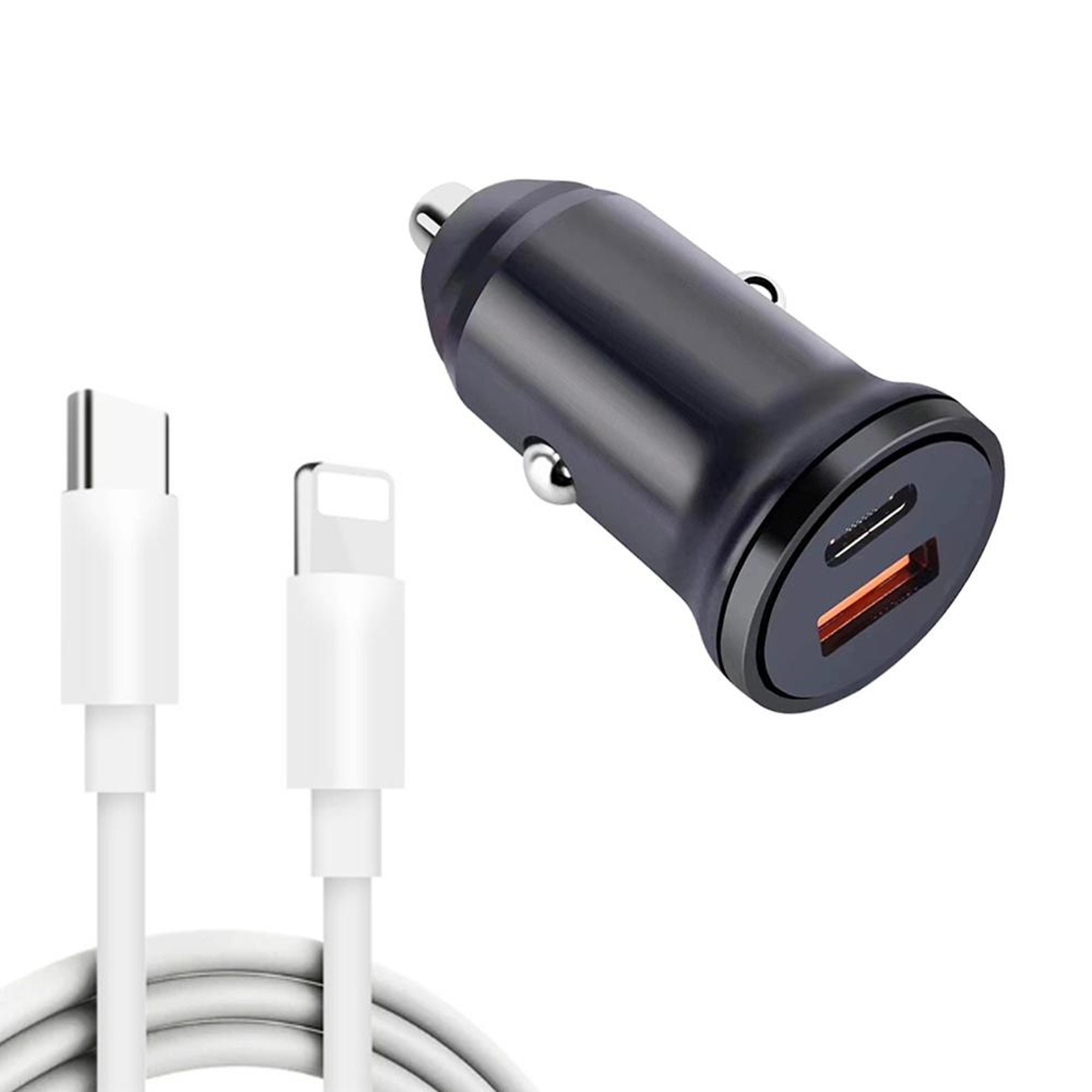 dual port pd 20w & qc 25w usb-c car charger with usb-c to 8 pin fast charging cable