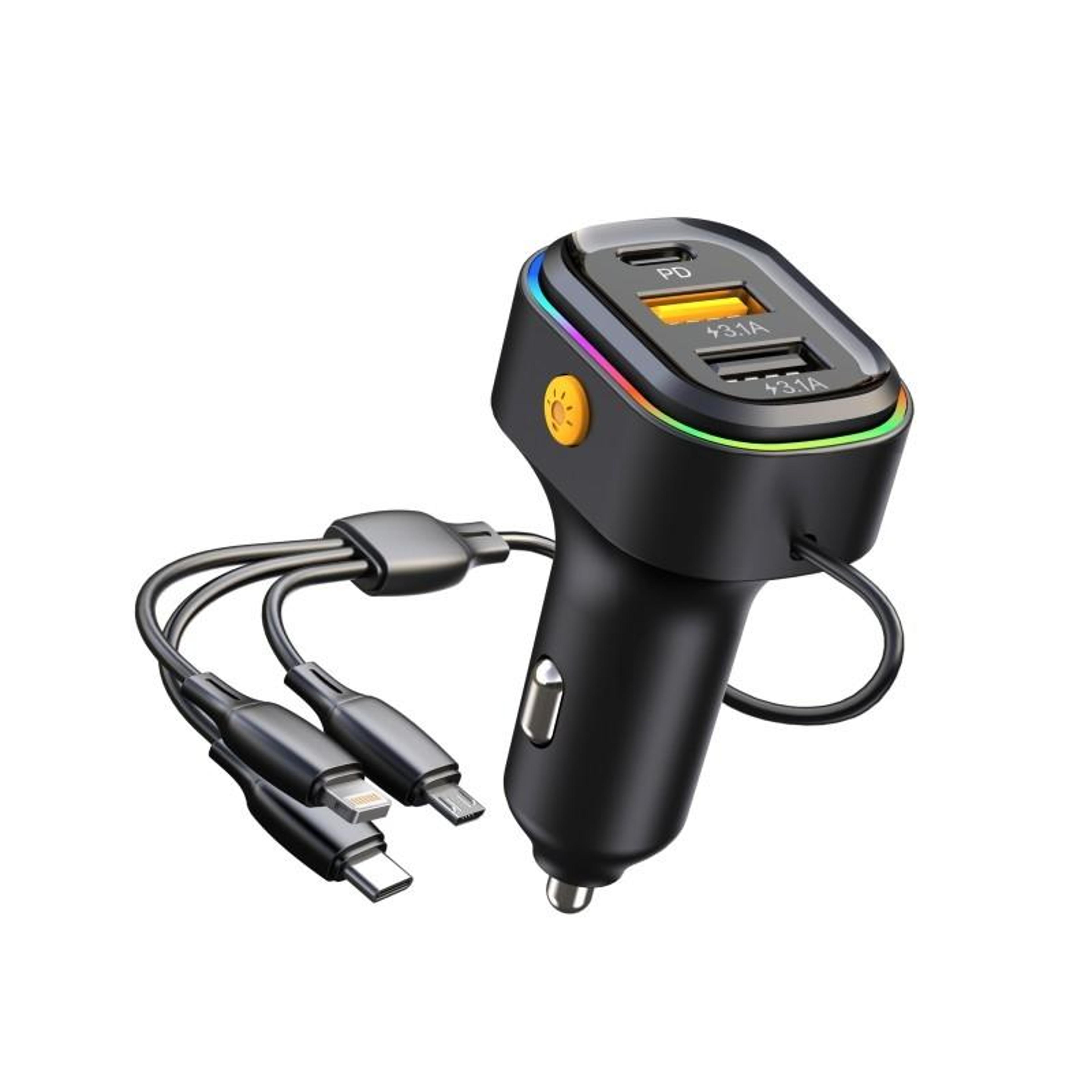 k5 3-in-1 fast charging car charger with dual usb & type-c pd adapter