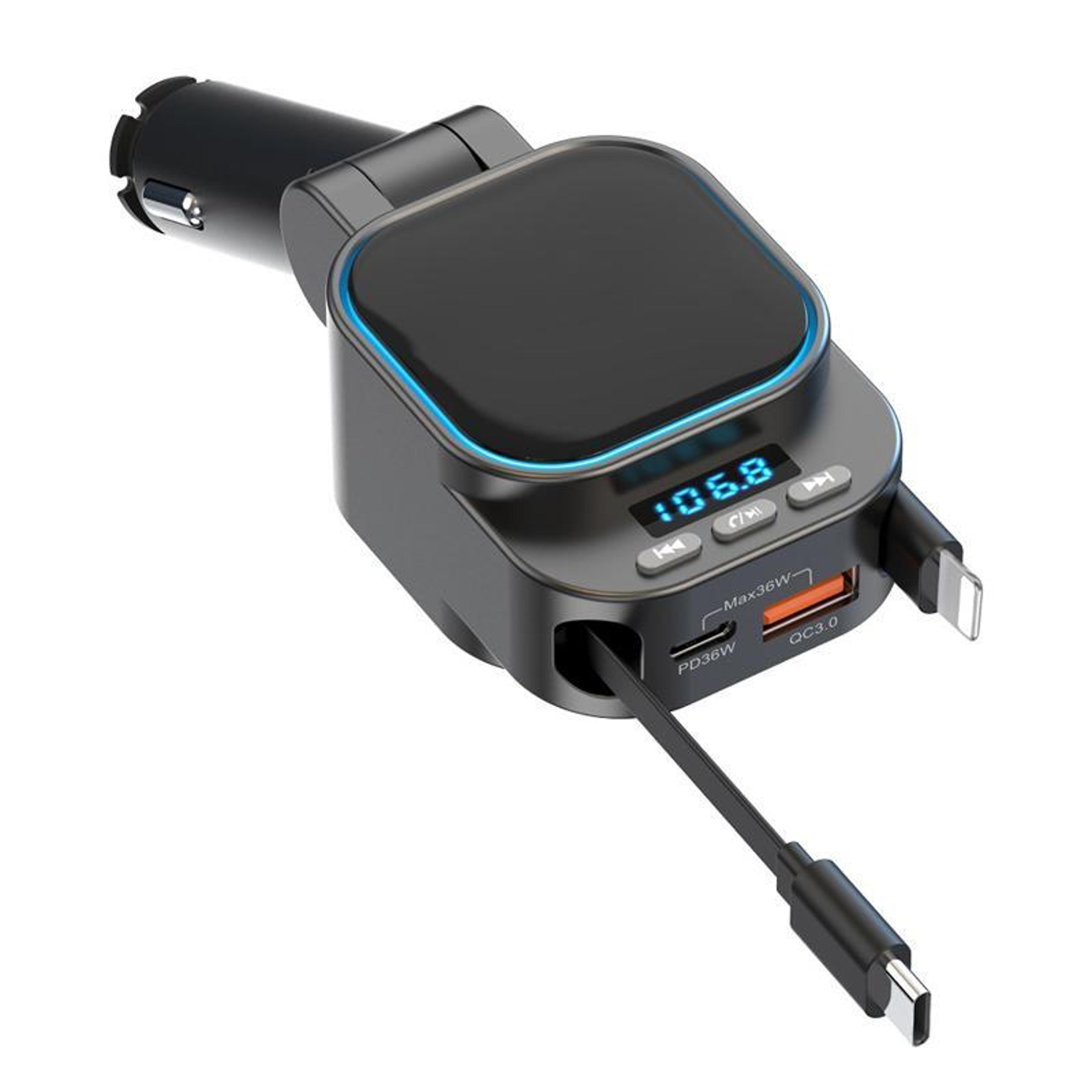 dual retractable car charger with bluetooth fm transmitter and fast charging mp3 player