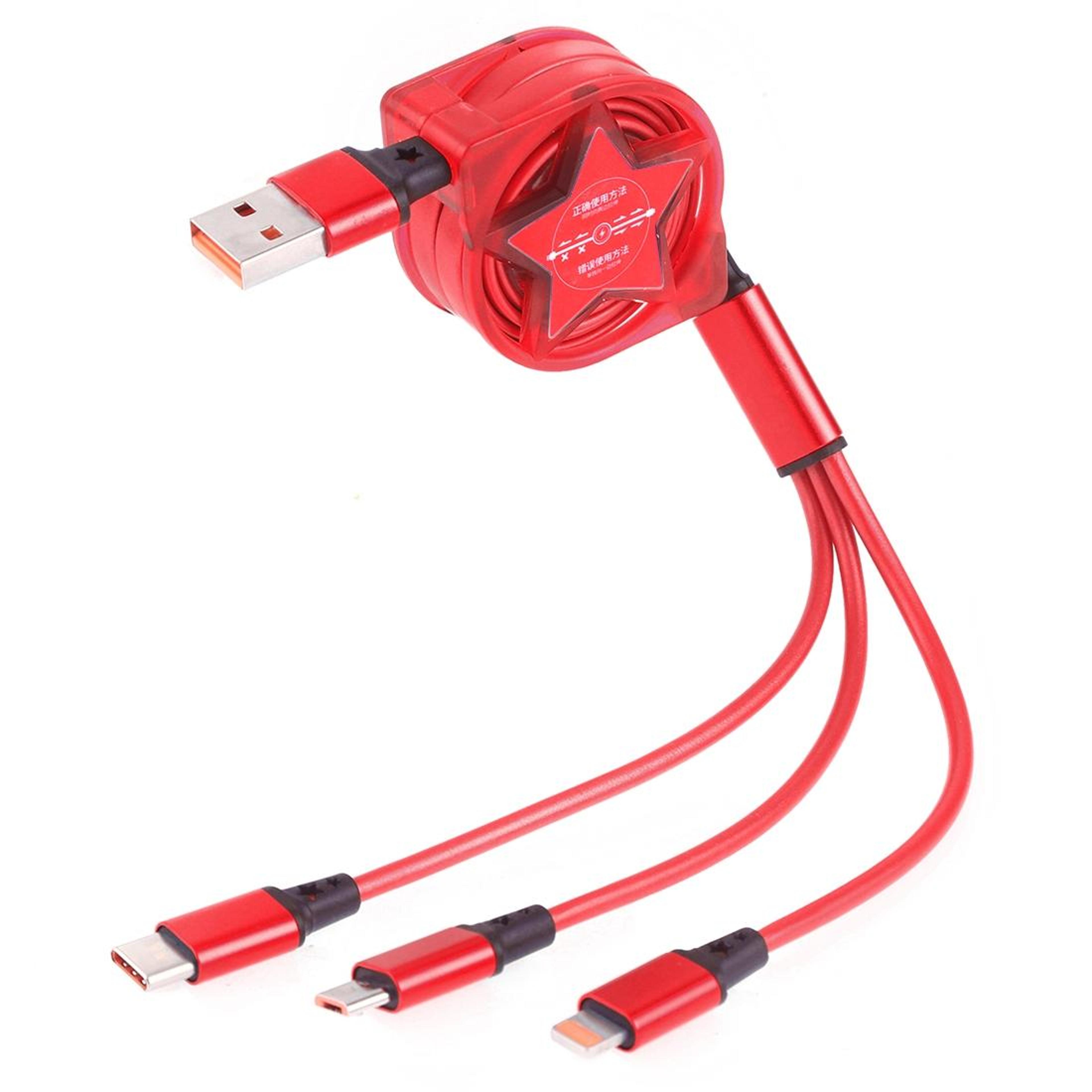 1.2m 3-in-1 retractable usb charging cable usb-c lightning micro usb fast data sync cable red