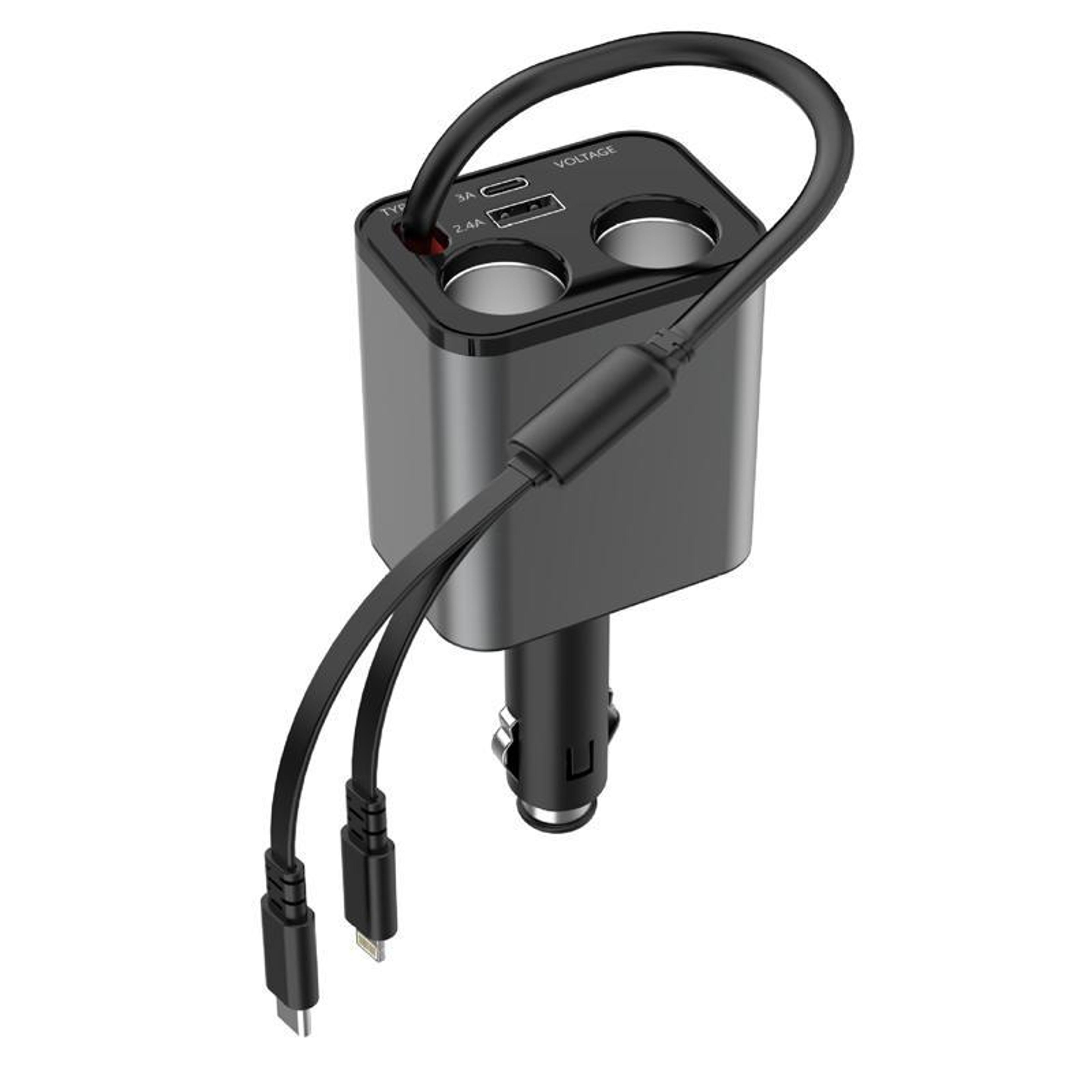 120w retractable usb car fast charger dual port pd type-c & 8 pin cigarette lighter adapter