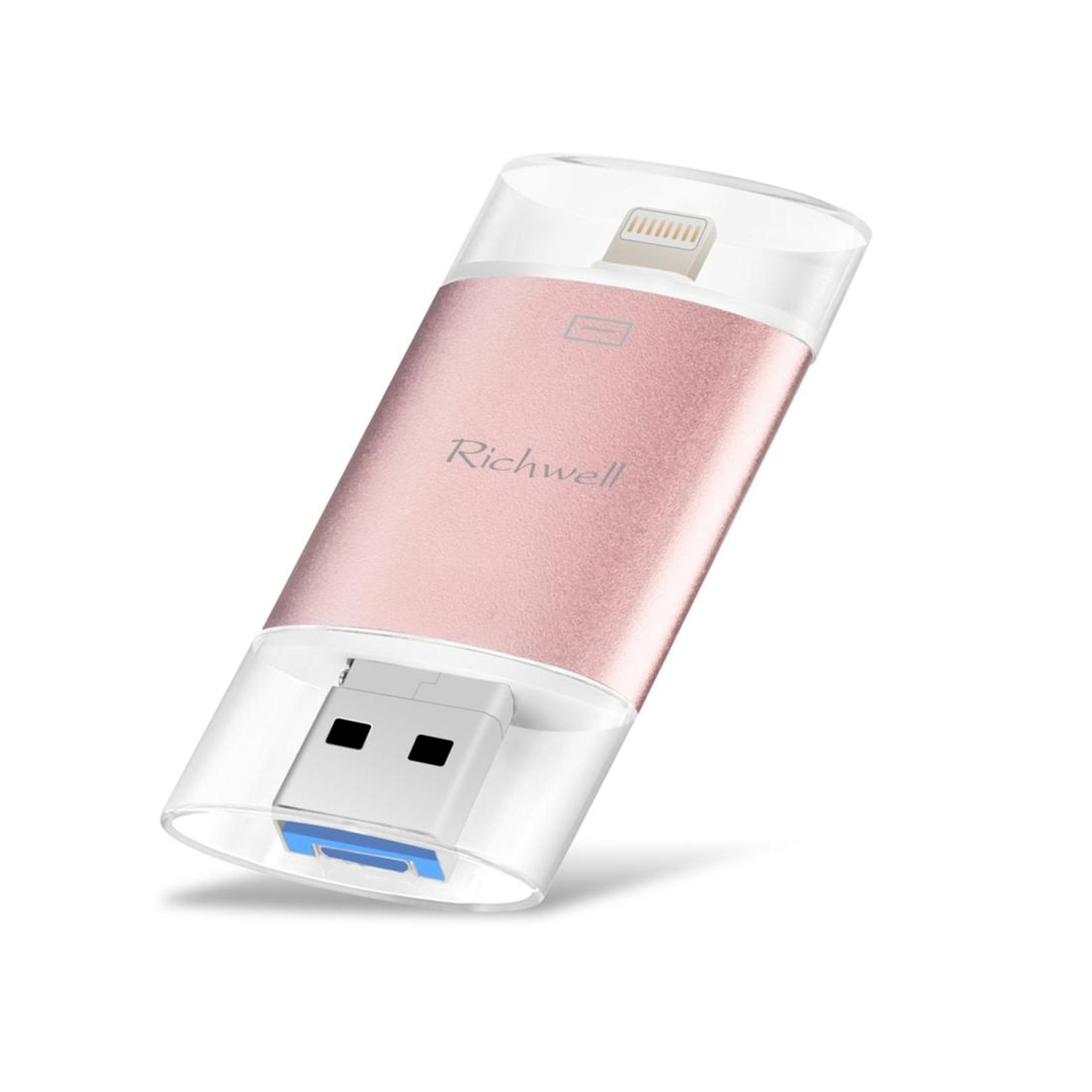 richwell 3-in-1 otg 128gb usb 3.0 flash drive type-c lightning usb drive metal rose gold
