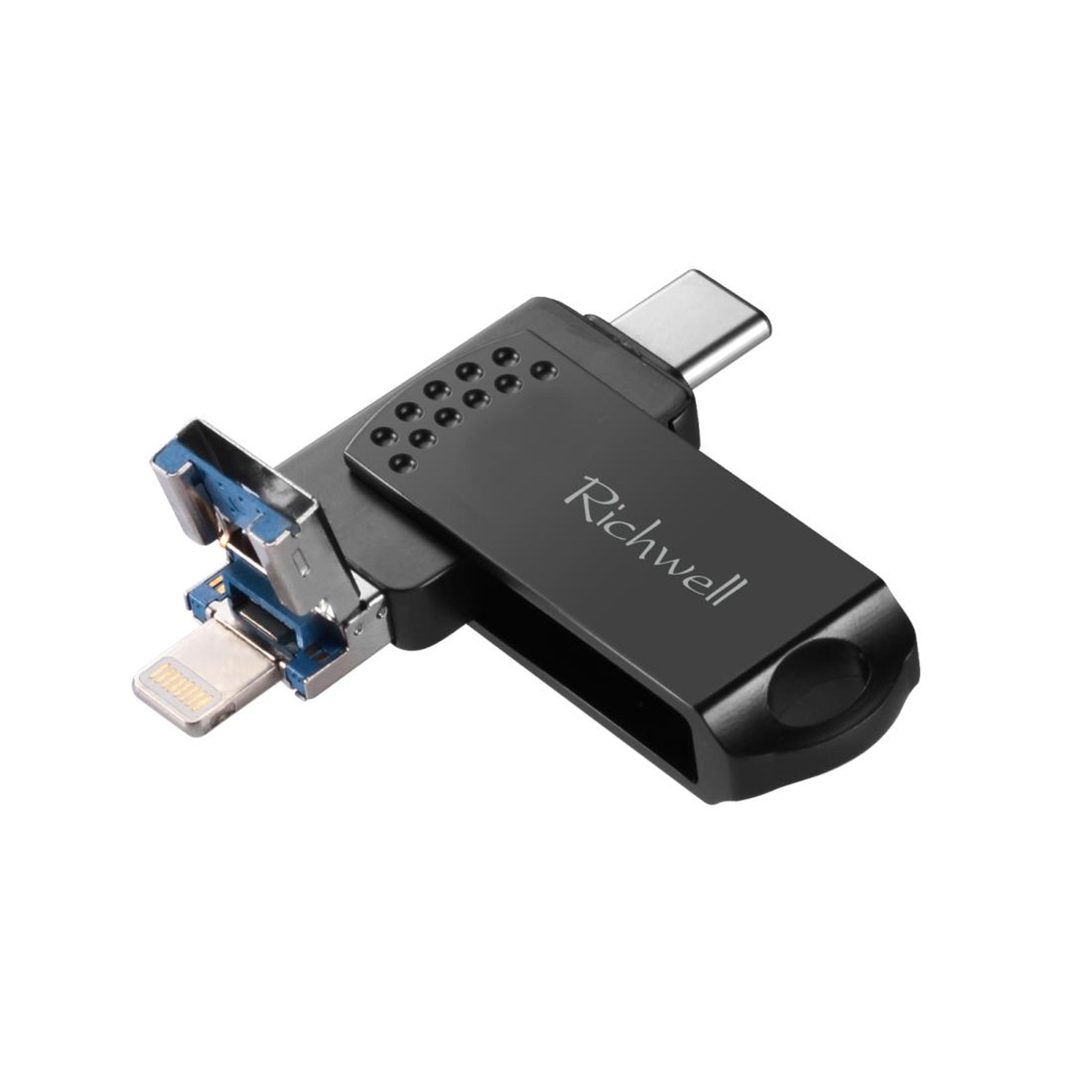 richwell 64gb otg flash drive type-c, lightning 8 pin & usb 3.0 metal memory stick