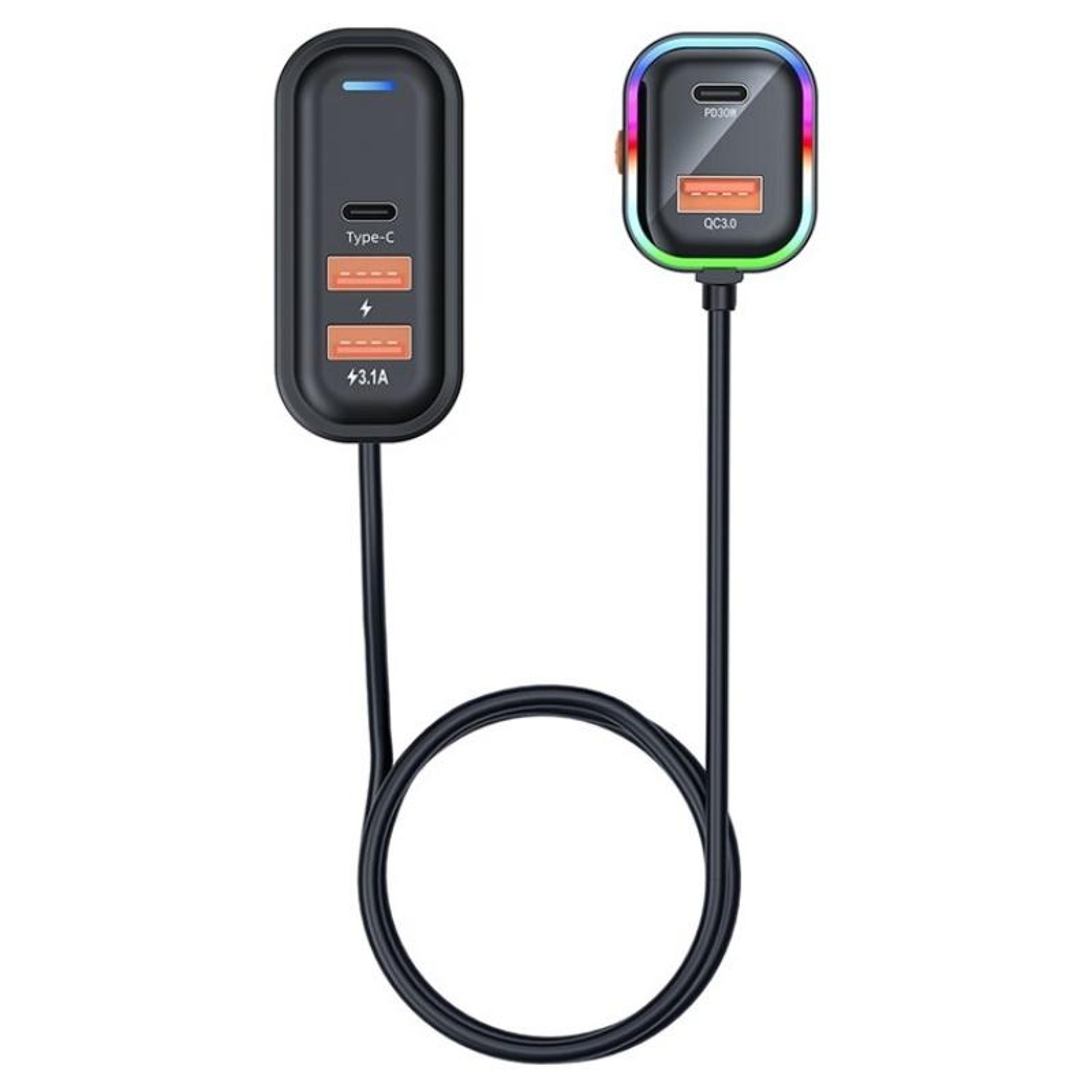 66w fast car charger 5-port usb c charging hub with extension cable for multi-device travel