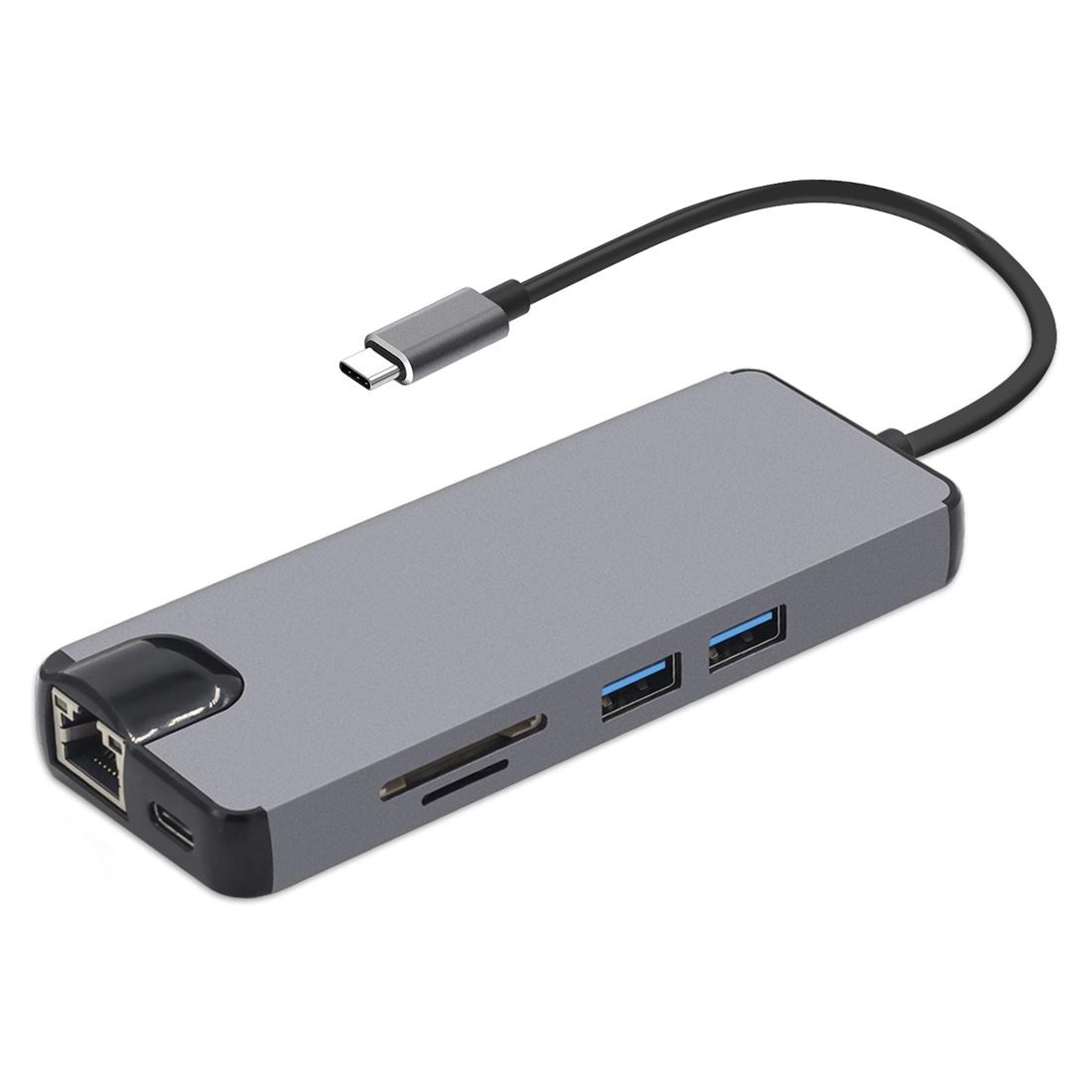 8-in-1 usb-c docking station hdmi vga lan multiport adapter sd card reader grey