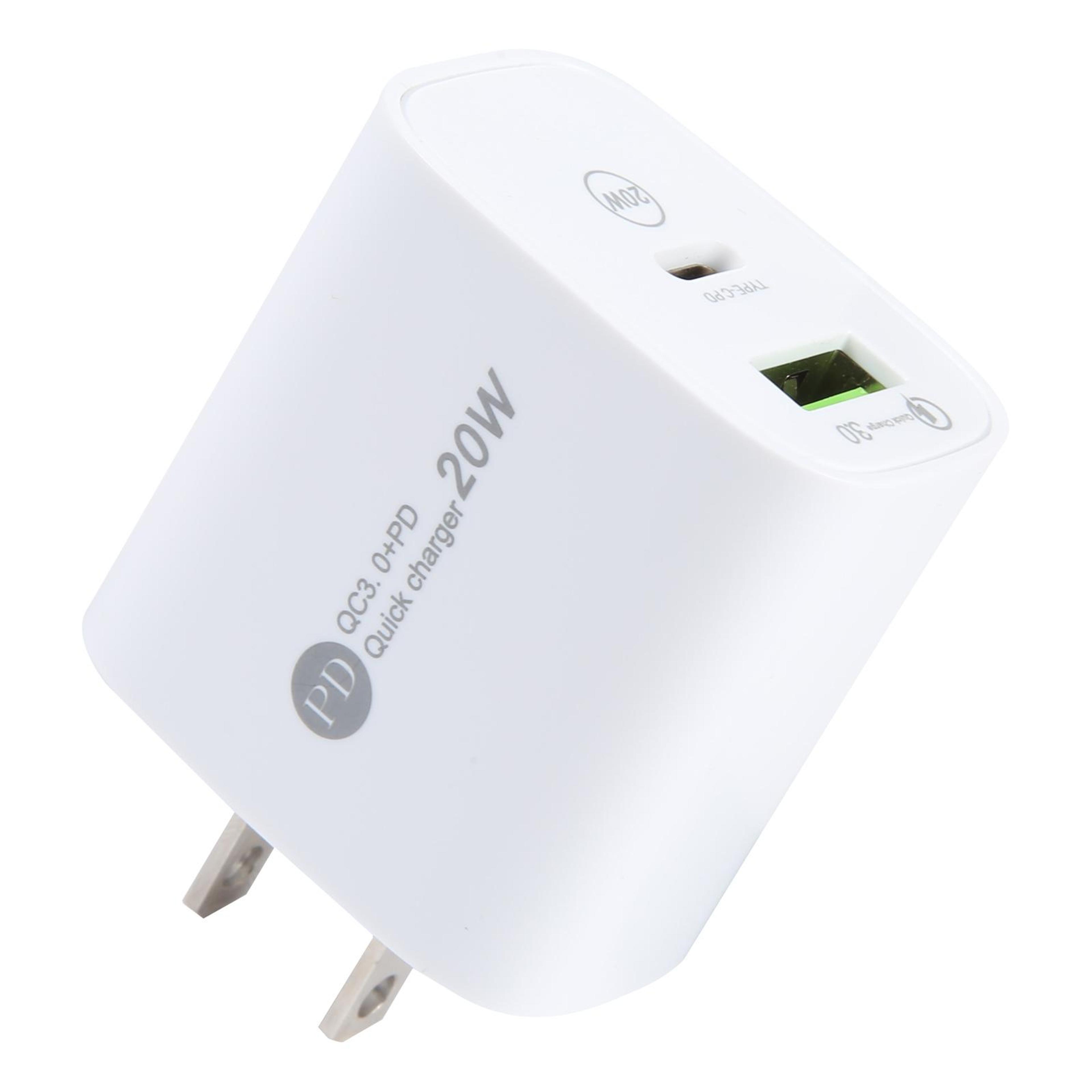 20w dual port fast wall charger usb-c pd & qc 3.0 compact travel charging adapter