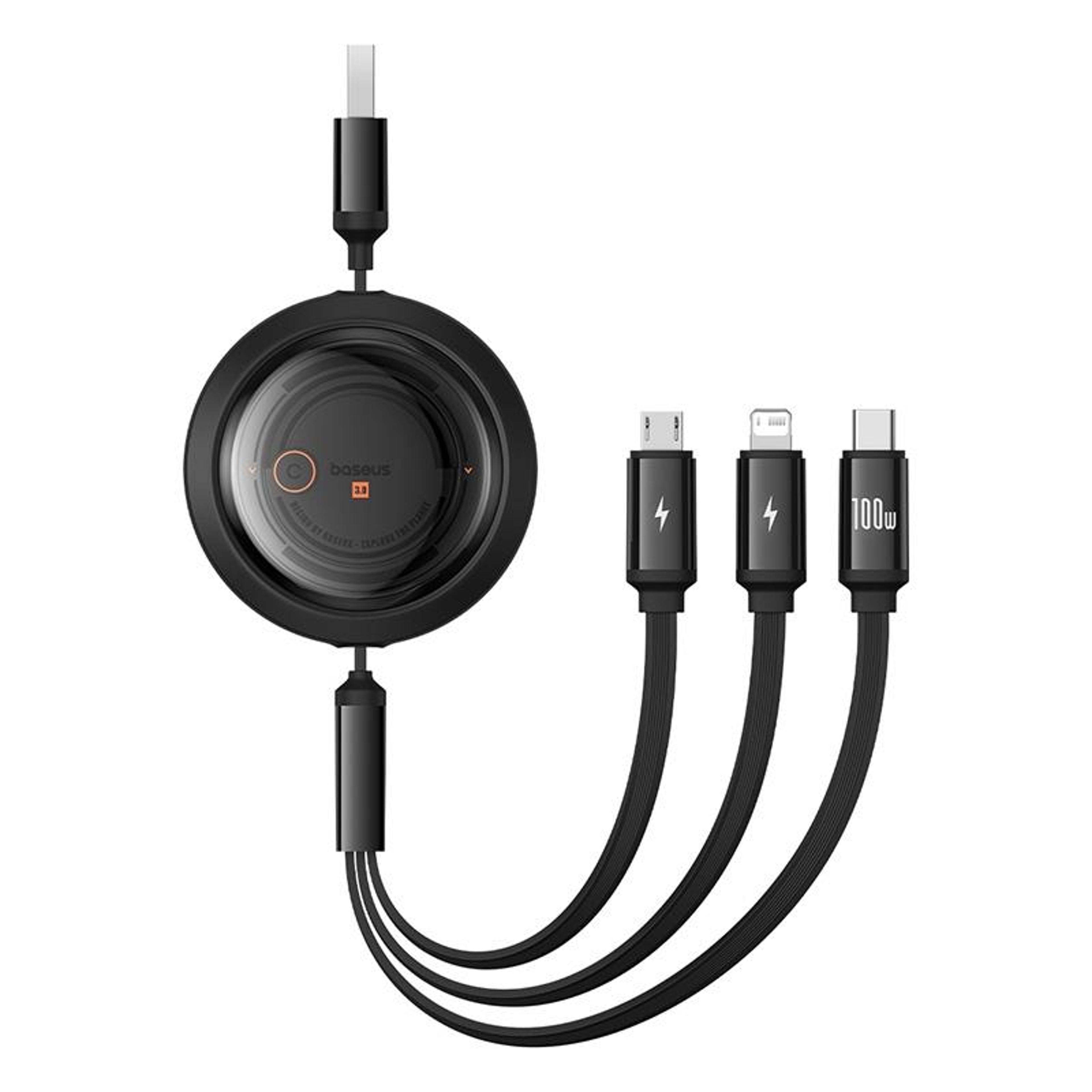 baseus 100w retractable 3-in-1 fast charging cable with usb-c, lightning & micro usb