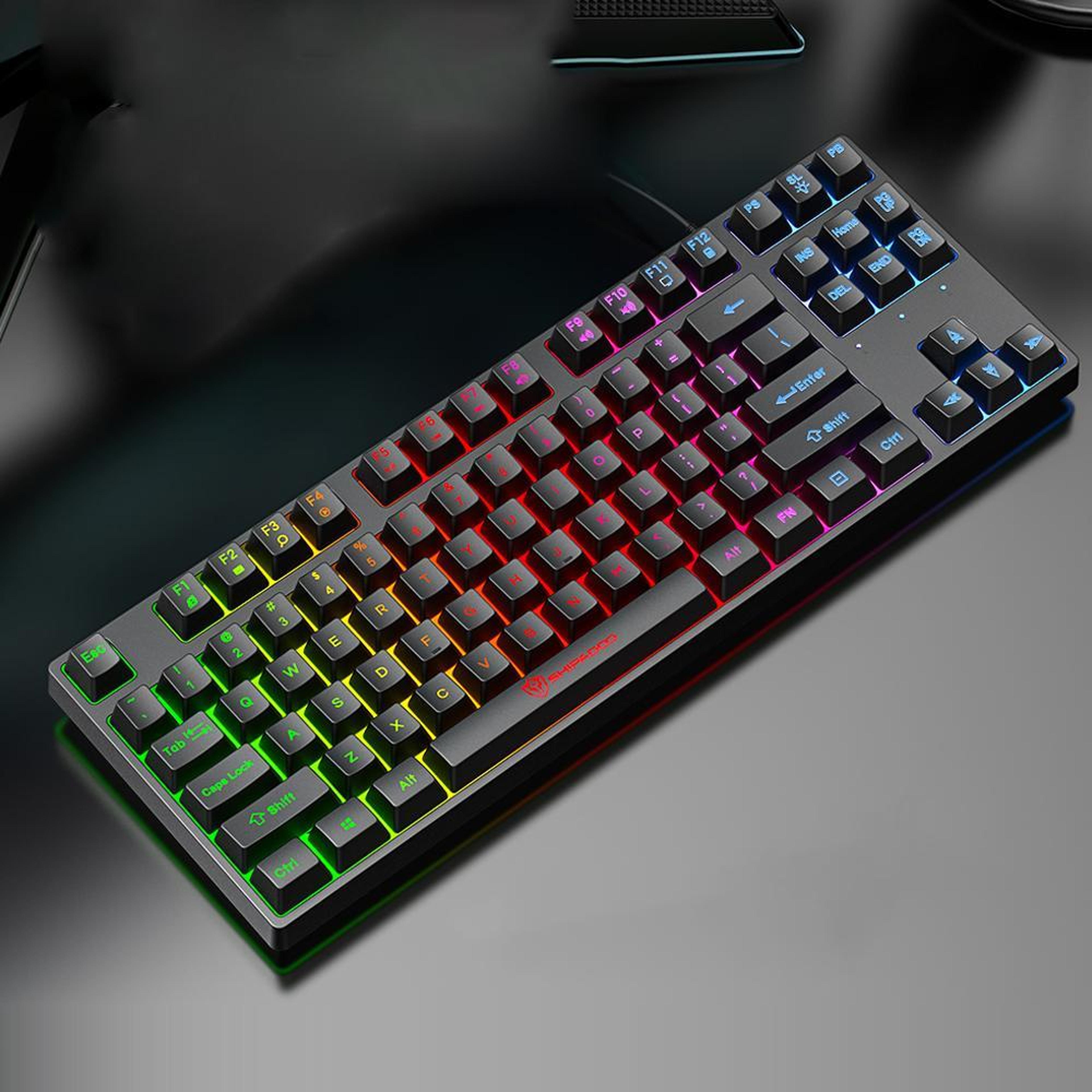 shipadoo k87 rainbow backlit mechanical-feel gaming keyboard 87-key ergonomic usb wired keyboard