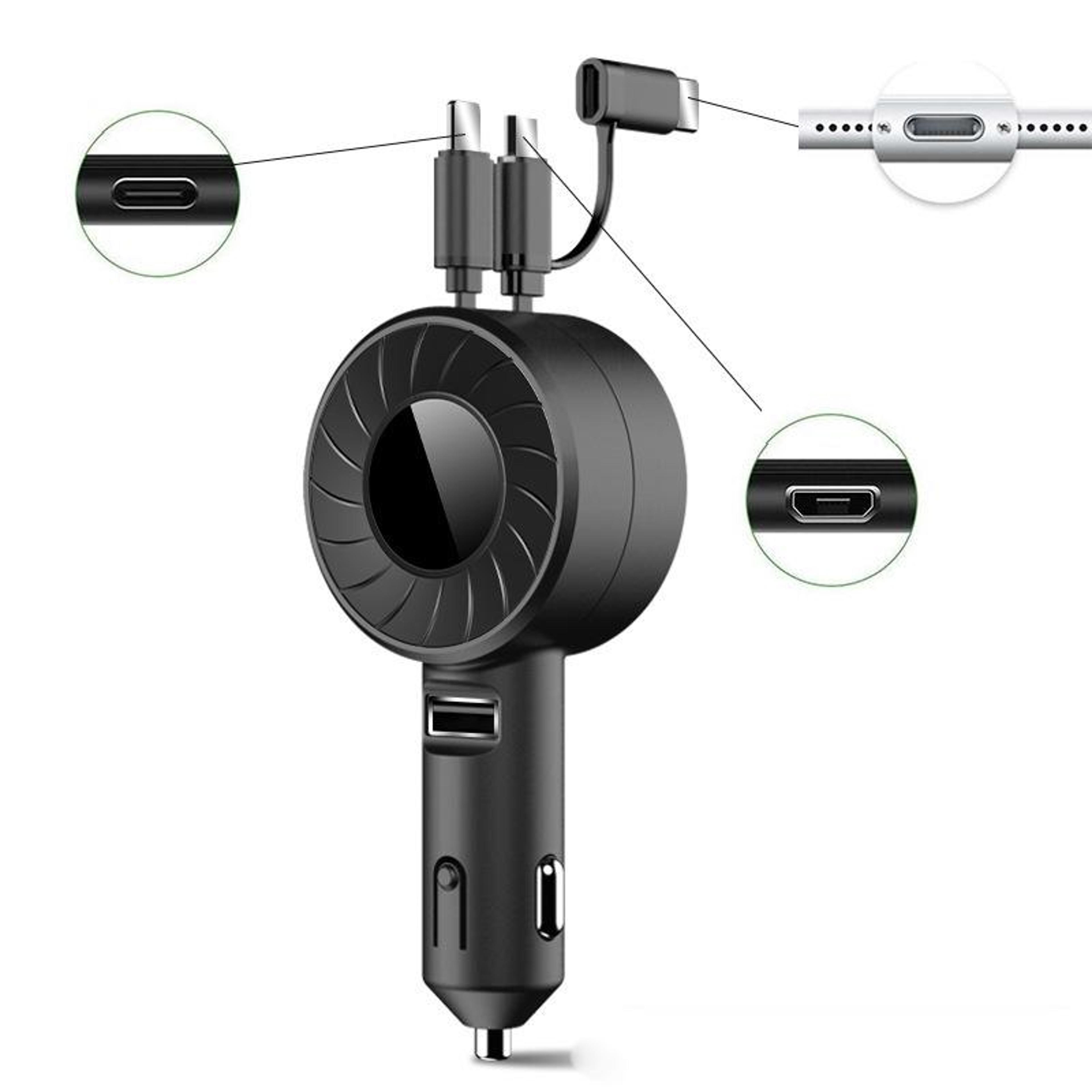 drivecharge 3-in-1 retractable car charger with dual cables and usb port