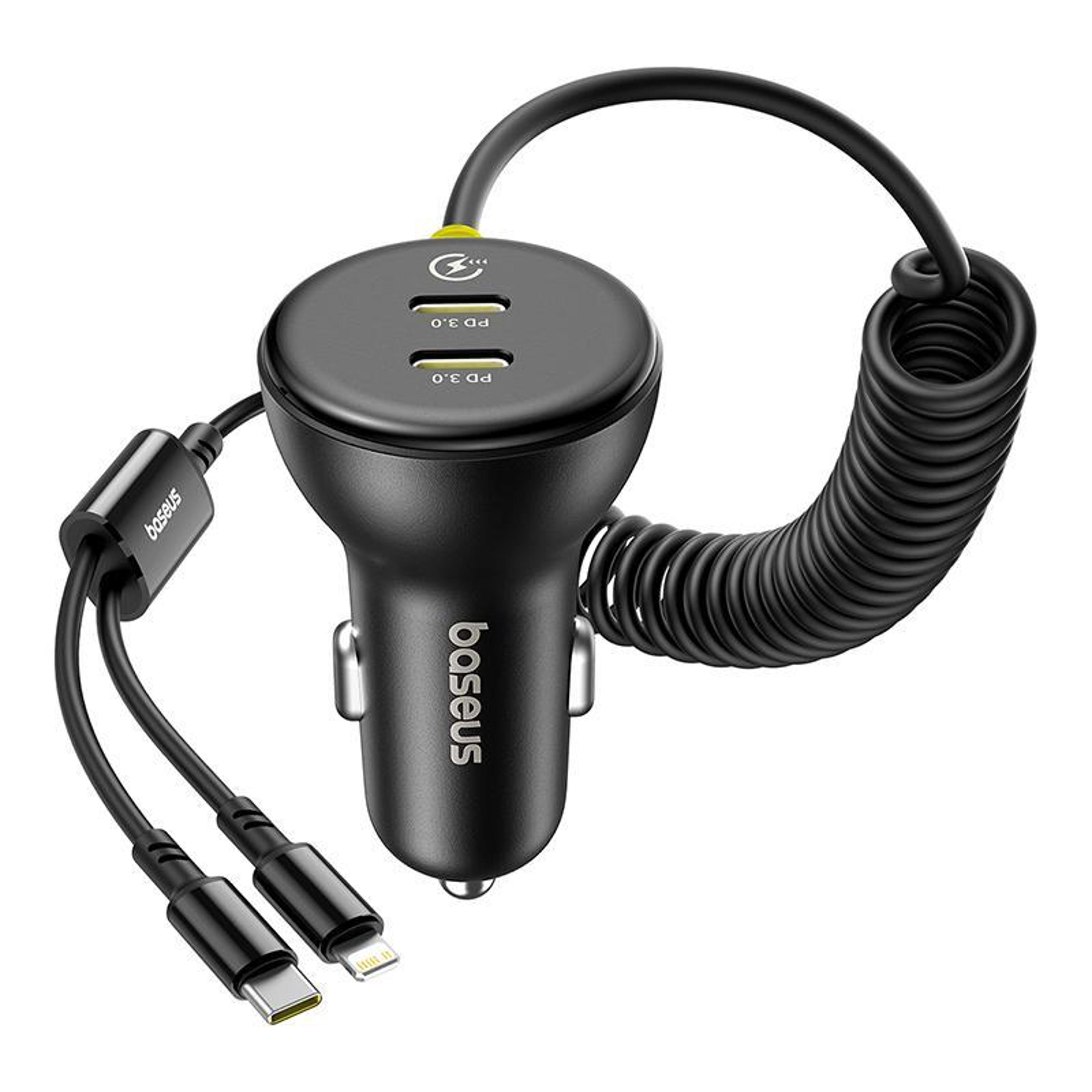 baseus 60w fast car charger with usb-c & lightning spring cables for iphone and android