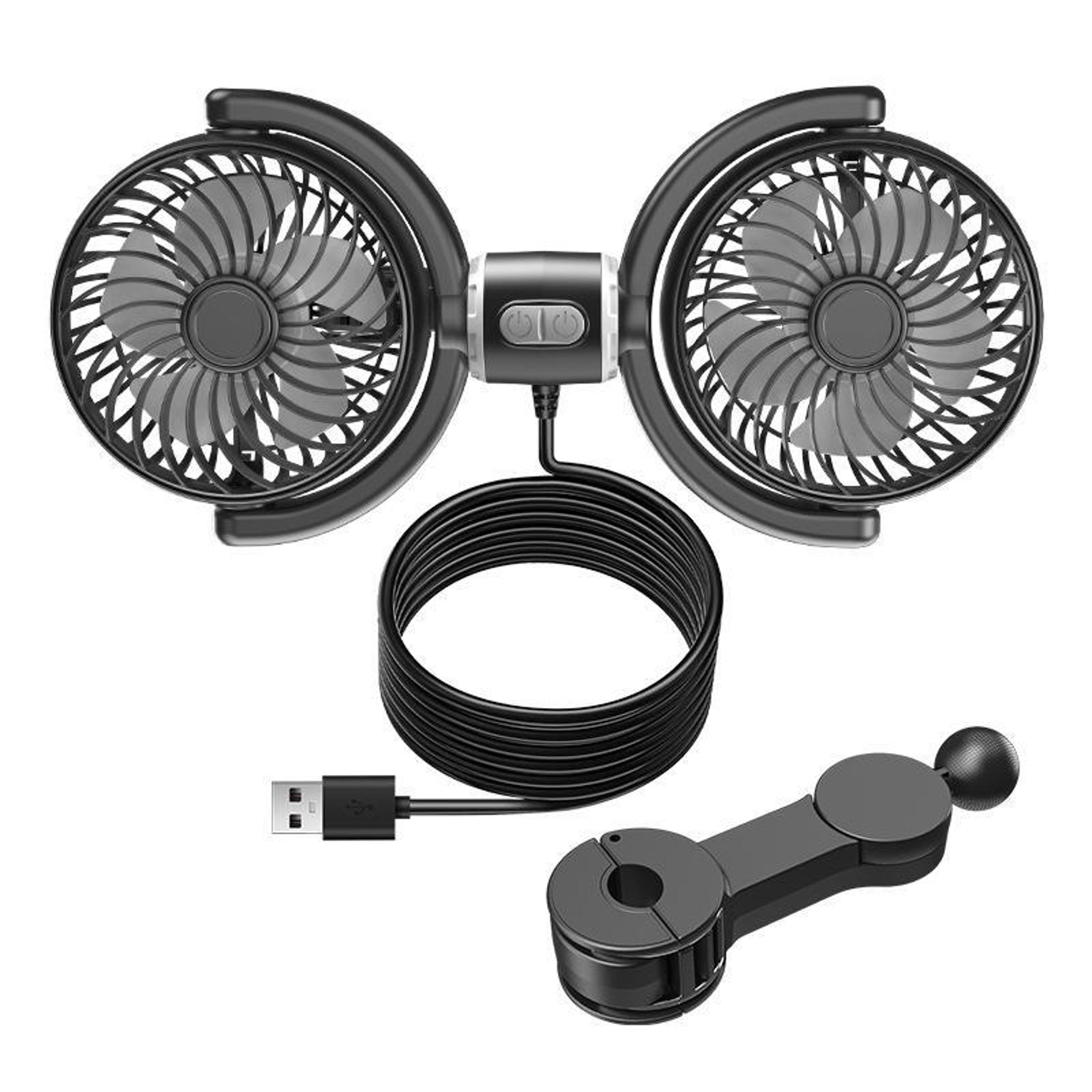 dual head usb car seat fan with brushless motor and 3-speed airflow cooling