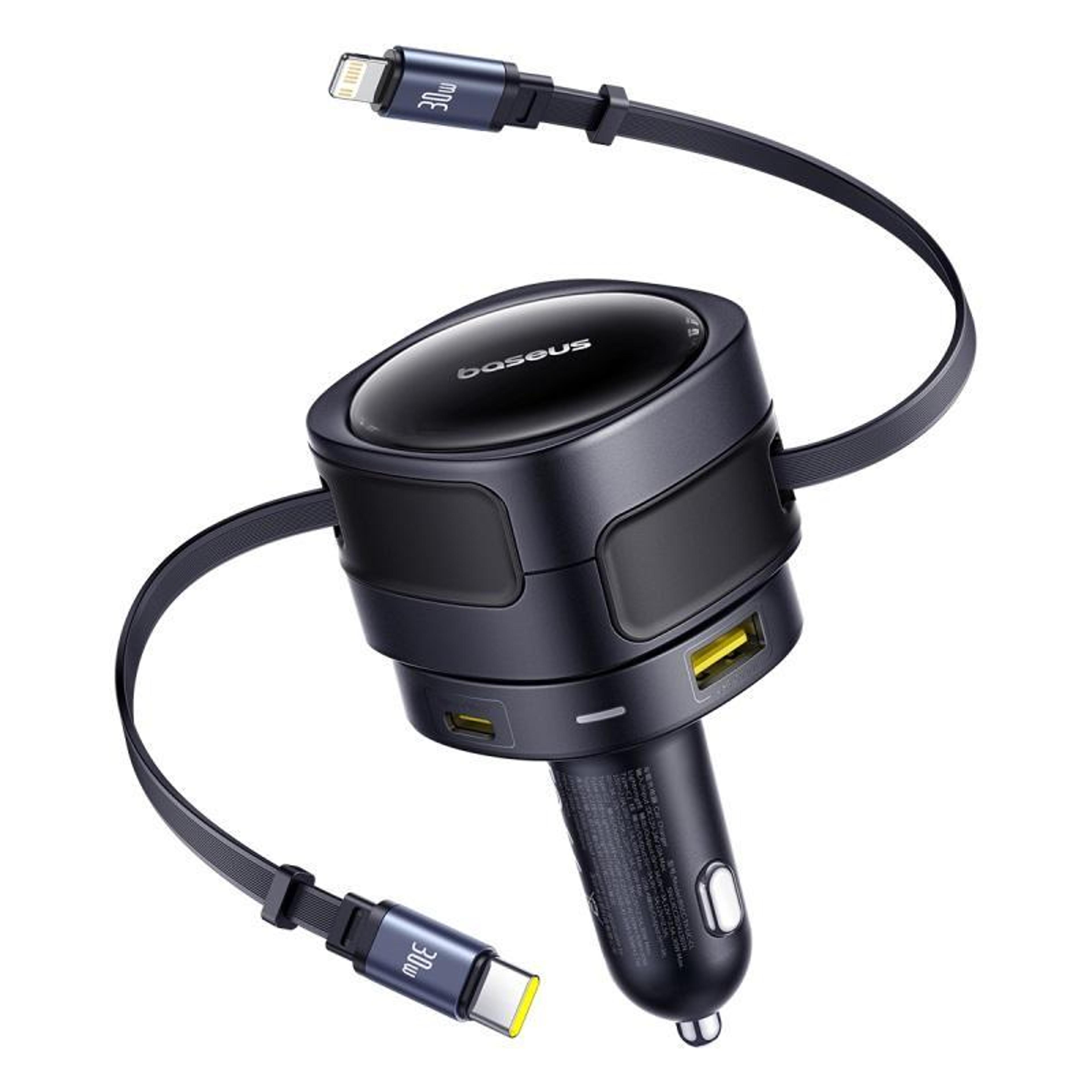 baseus 90w fast car charger with retractable usb-c & lightning cables