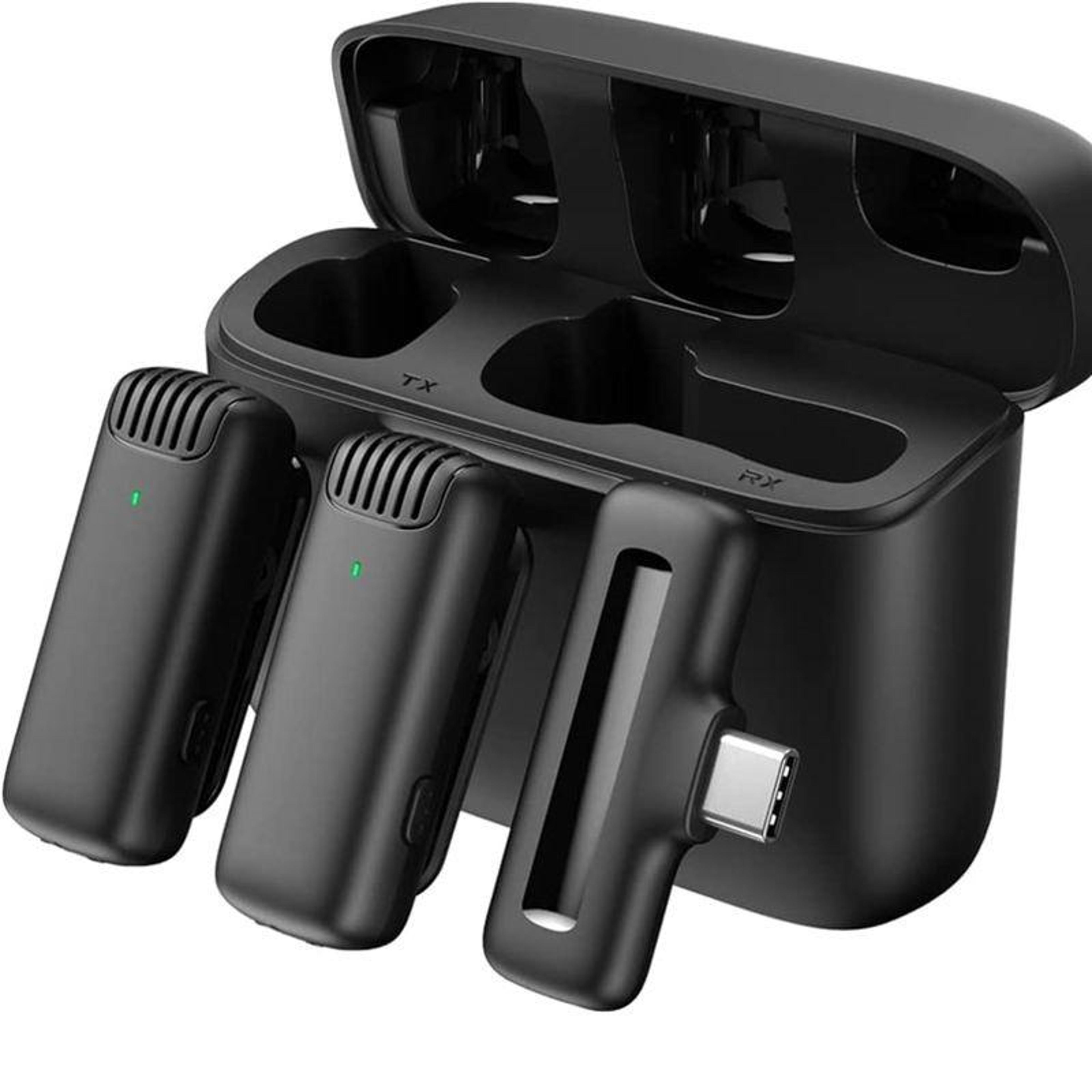 dual wireless lavalier microphone for usb-c phones with noise cancellation & charging case